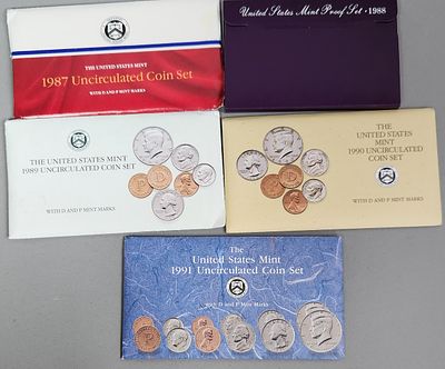 1987-1991 Uncirculated and Proof Coin Sets. A collection of five official United States Mint 