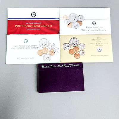 1987-1991 Uncirculated & Proof Coin Sets. A collection of United States Mint annual coin sets 