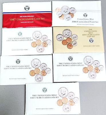US 1987-1990 Uncirculated Mint Sets, Base Metal, Uncirculated. A lot of United States Mint 