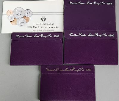 1988-1990 Uncirculated & Proof Coin Sets. A lot of five United States Mint coin sets in original 