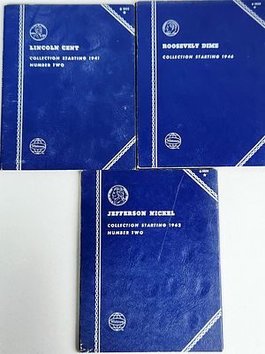 1941-1968 Coin Collection Folders. A trio of blue Whitman coin folders containing an assortment 