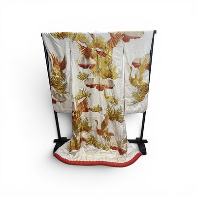 Mid Century Japanese White Silk Rinzu Uchikake Wedding Kimono. A Japanese wedding kimono, known 