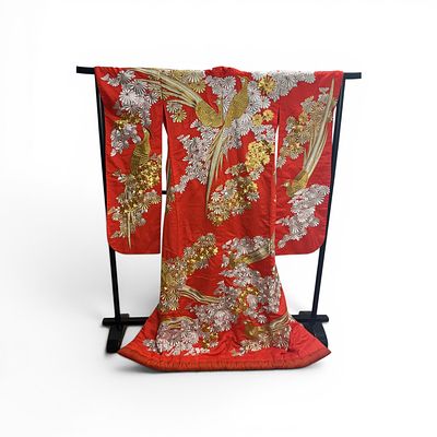 Japanese Red Silk Embroidered Wedding Uchikake Kimono. Stand is not included. This garment is a 