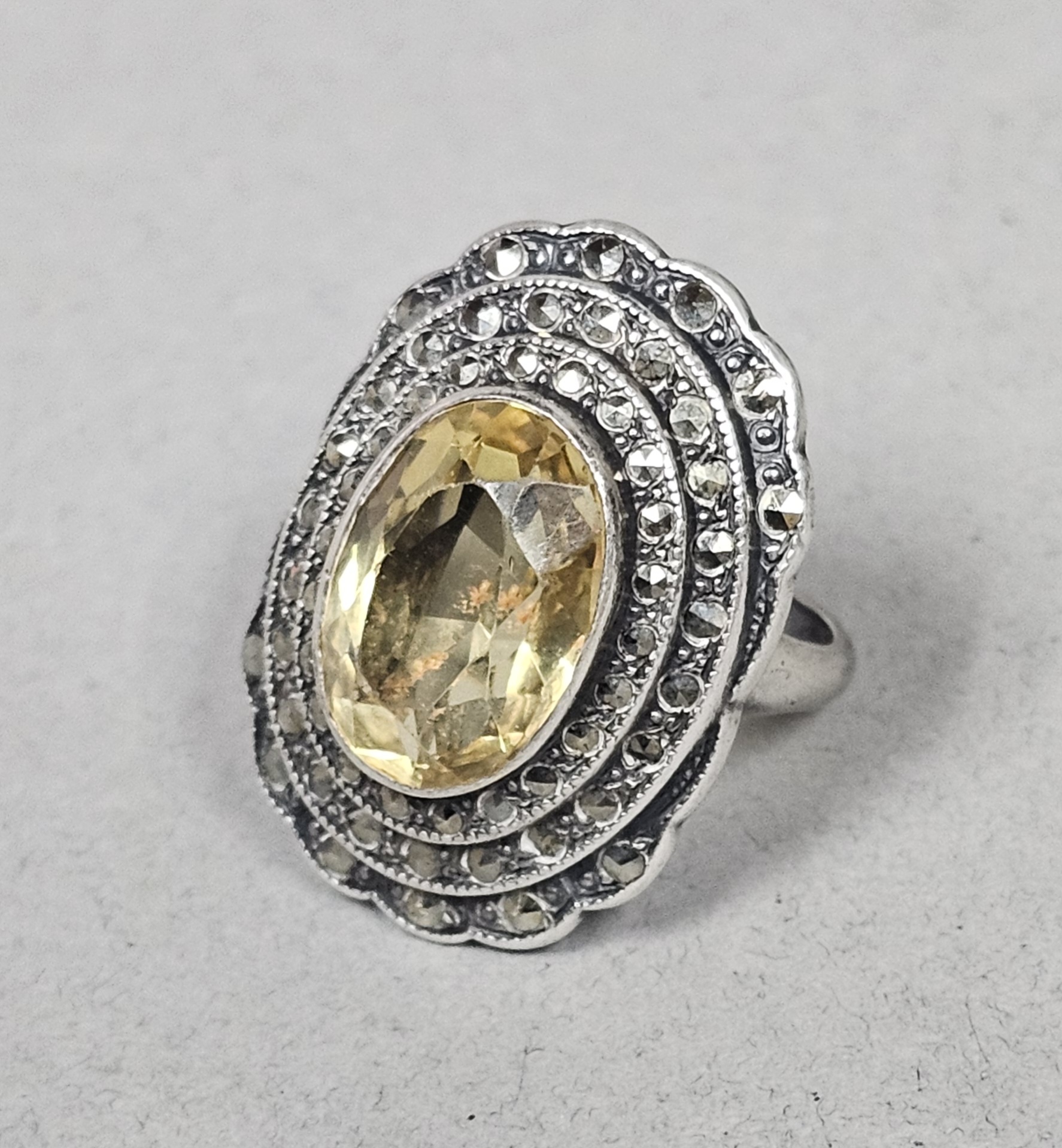 Sterling Marcasite & Yellow Gemstone Ring 7.6 Grams