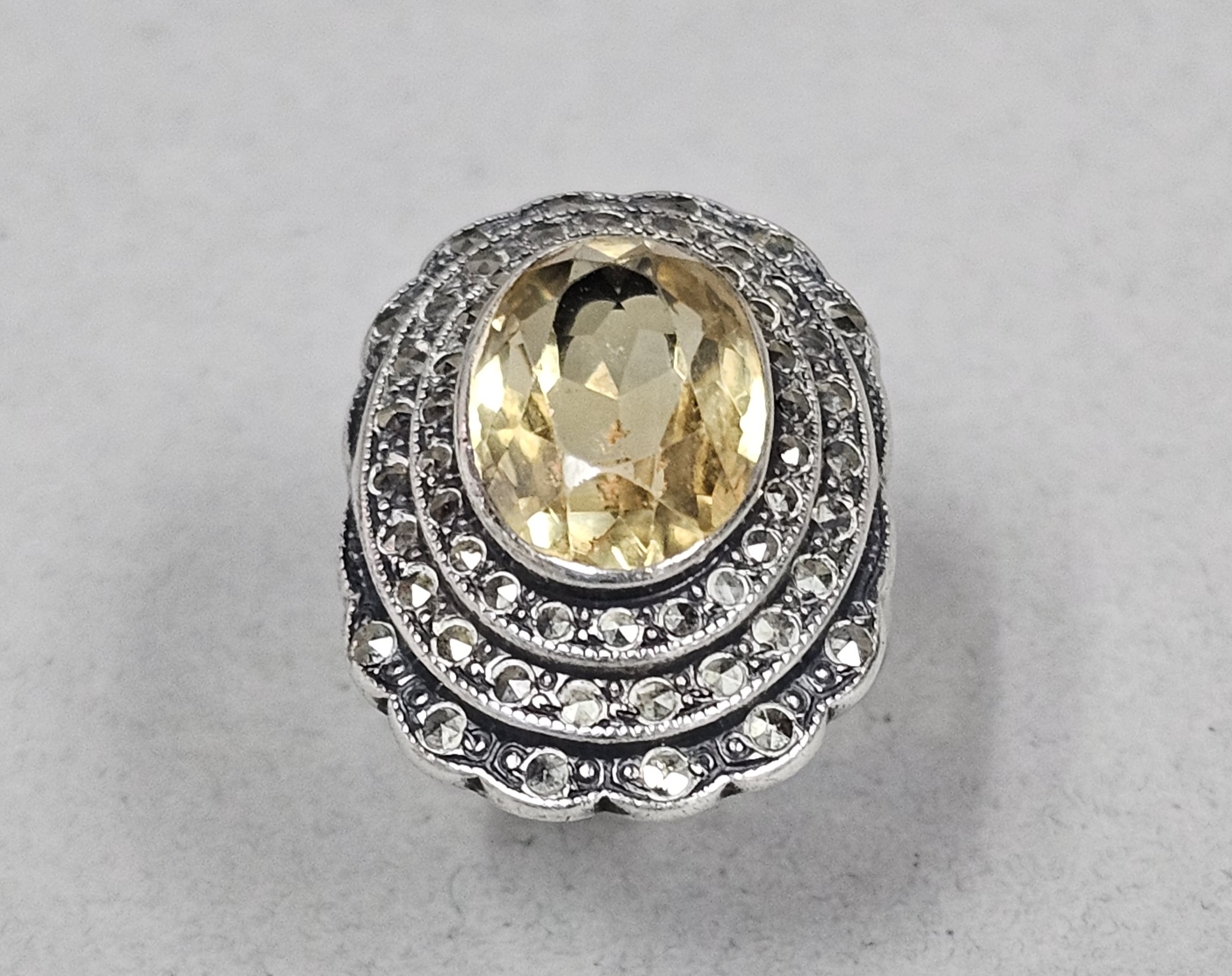 Sterling Marcasite & Yellow Gemstone Ring 7.6 Grams