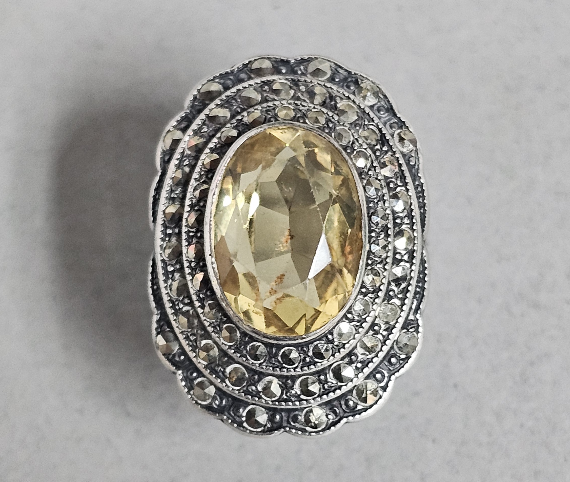Sterling Marcasite & Yellow Gemstone Ring 7.6 Grams