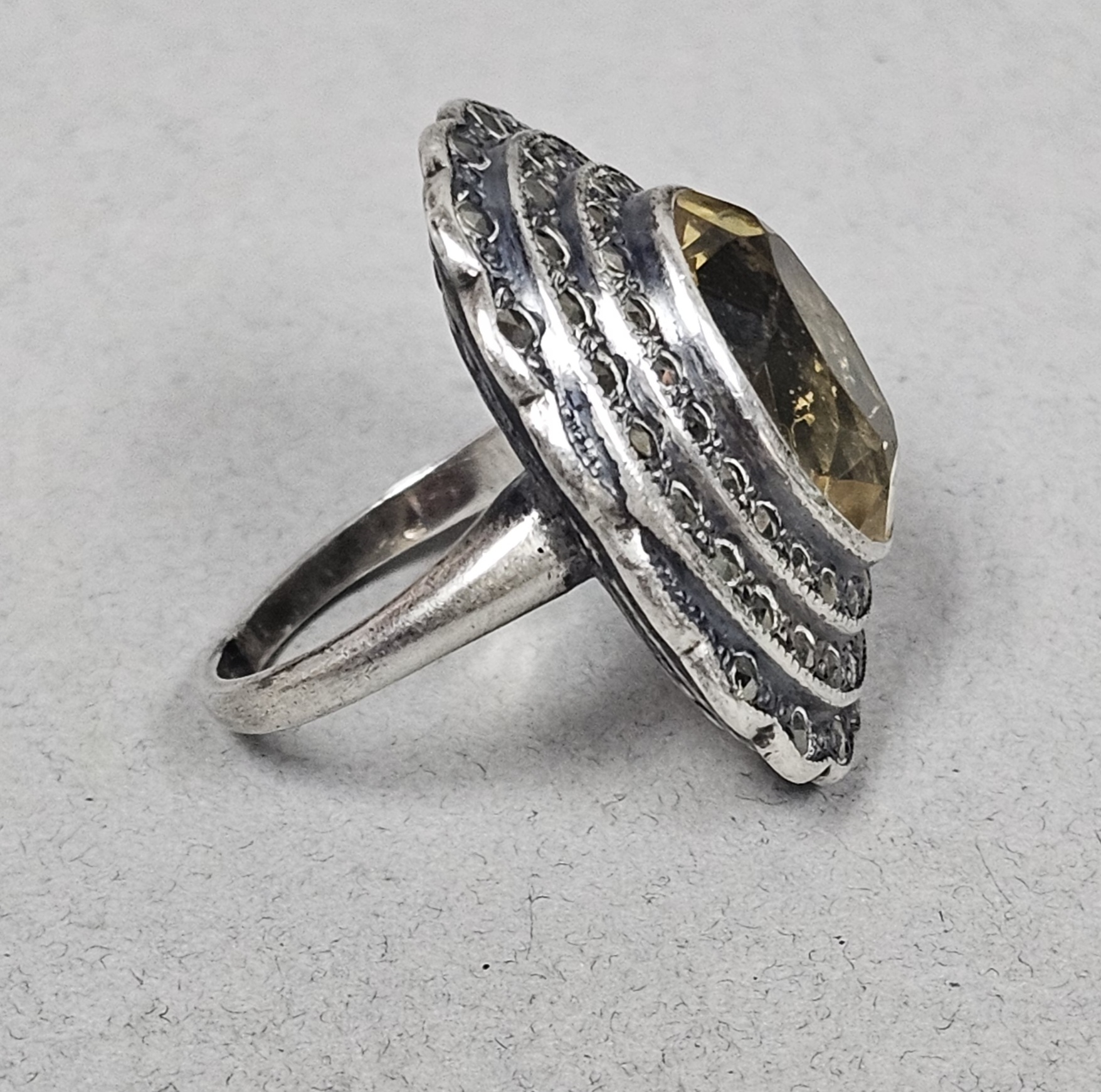 Sterling Marcasite & Yellow Gemstone Ring 7.6 Grams