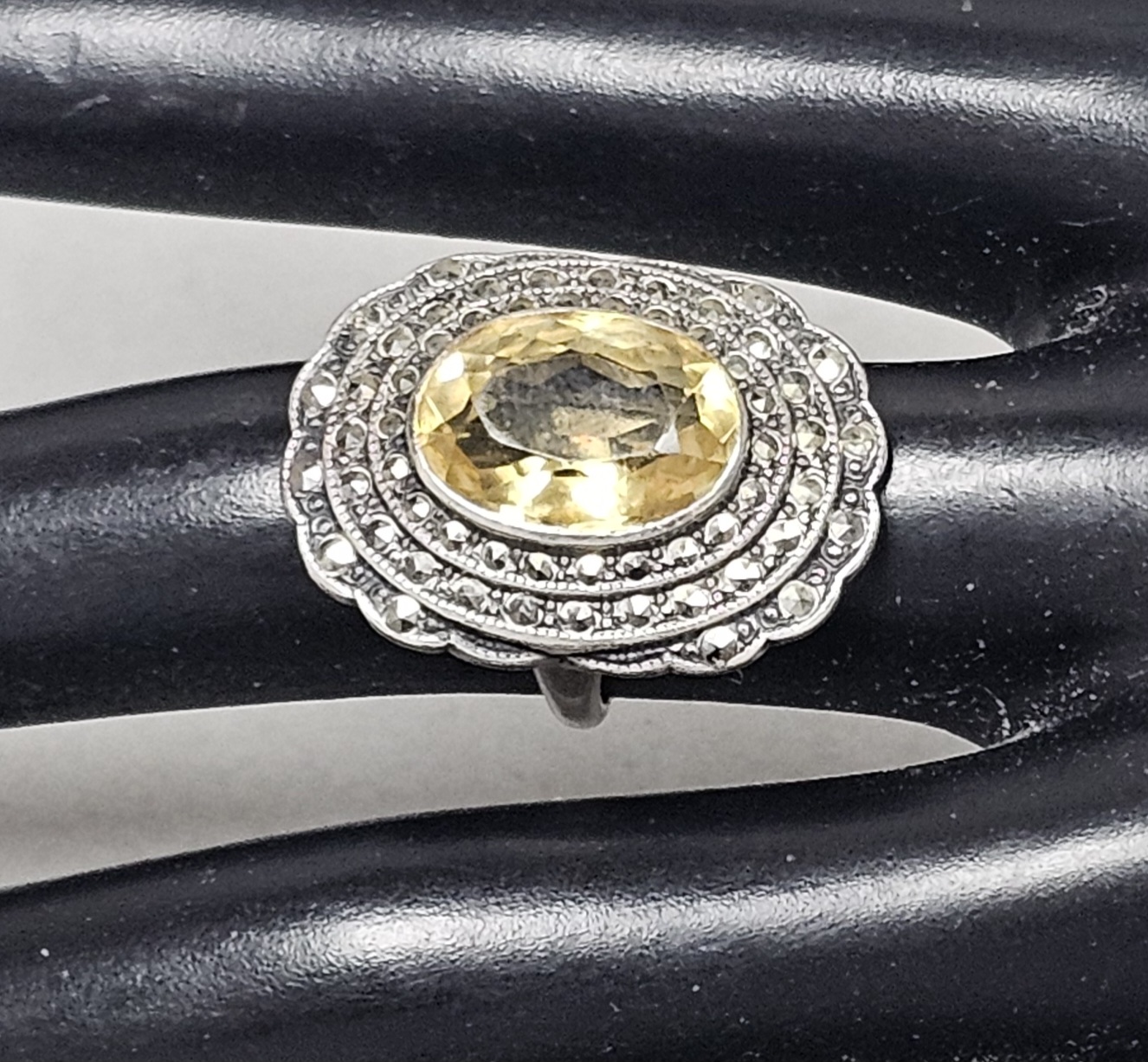 Sterling Marcasite & Yellow Gemstone Ring 7.6 Grams