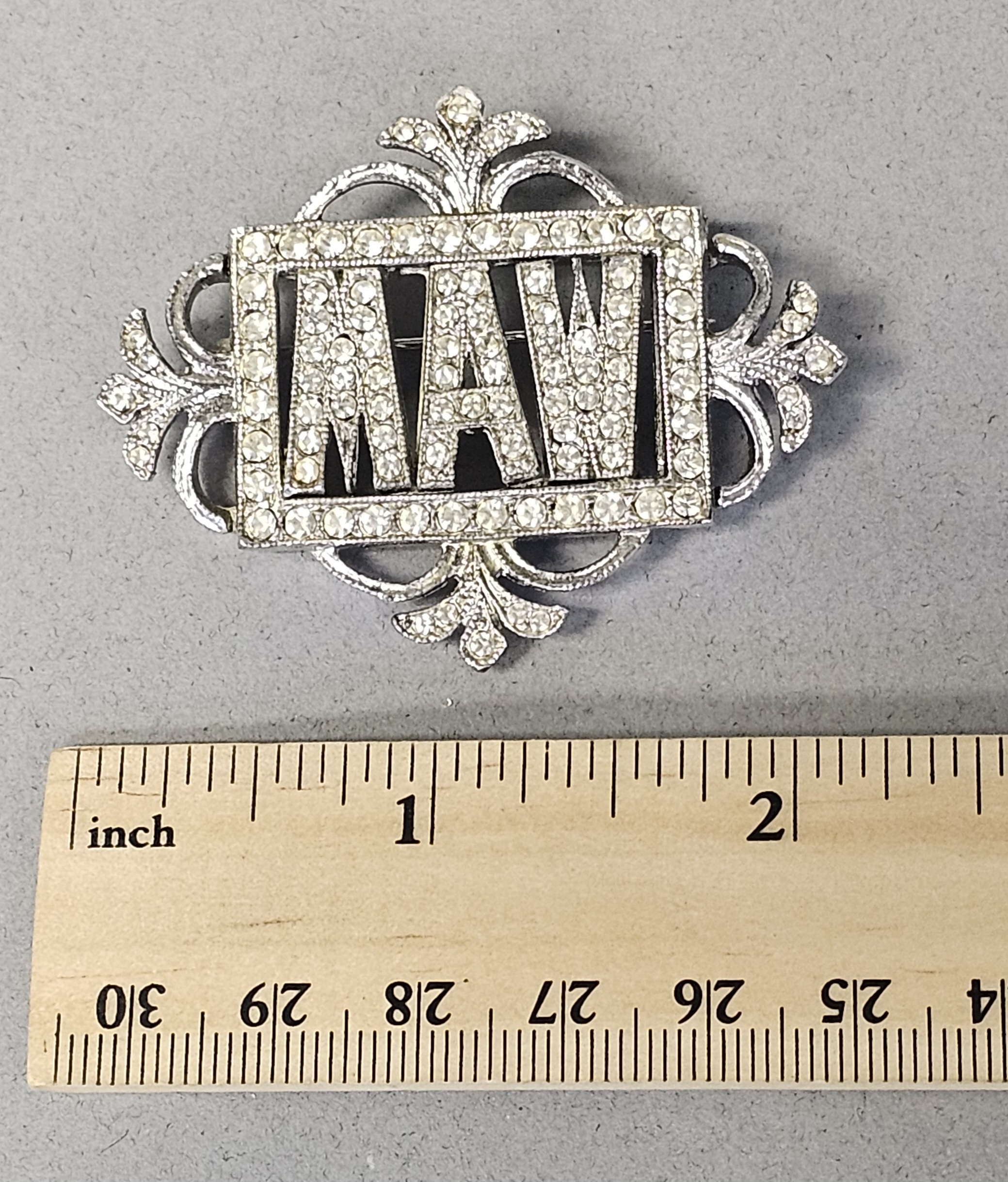 Vintage Ora Rhinestone Monogram MAW Brooch