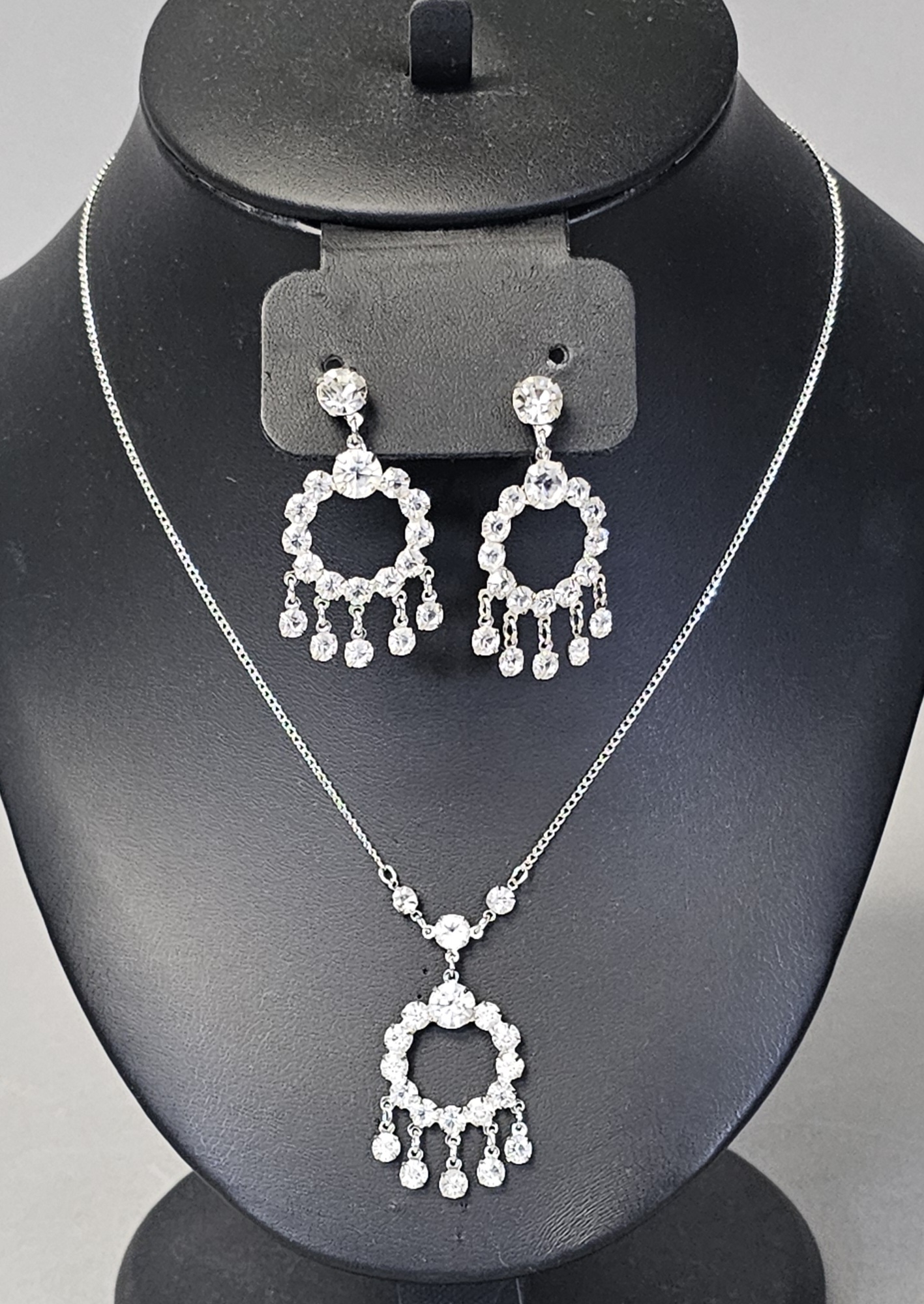 Sterling Clear Rhinestone Necklace & Earrings 9.5 Grams