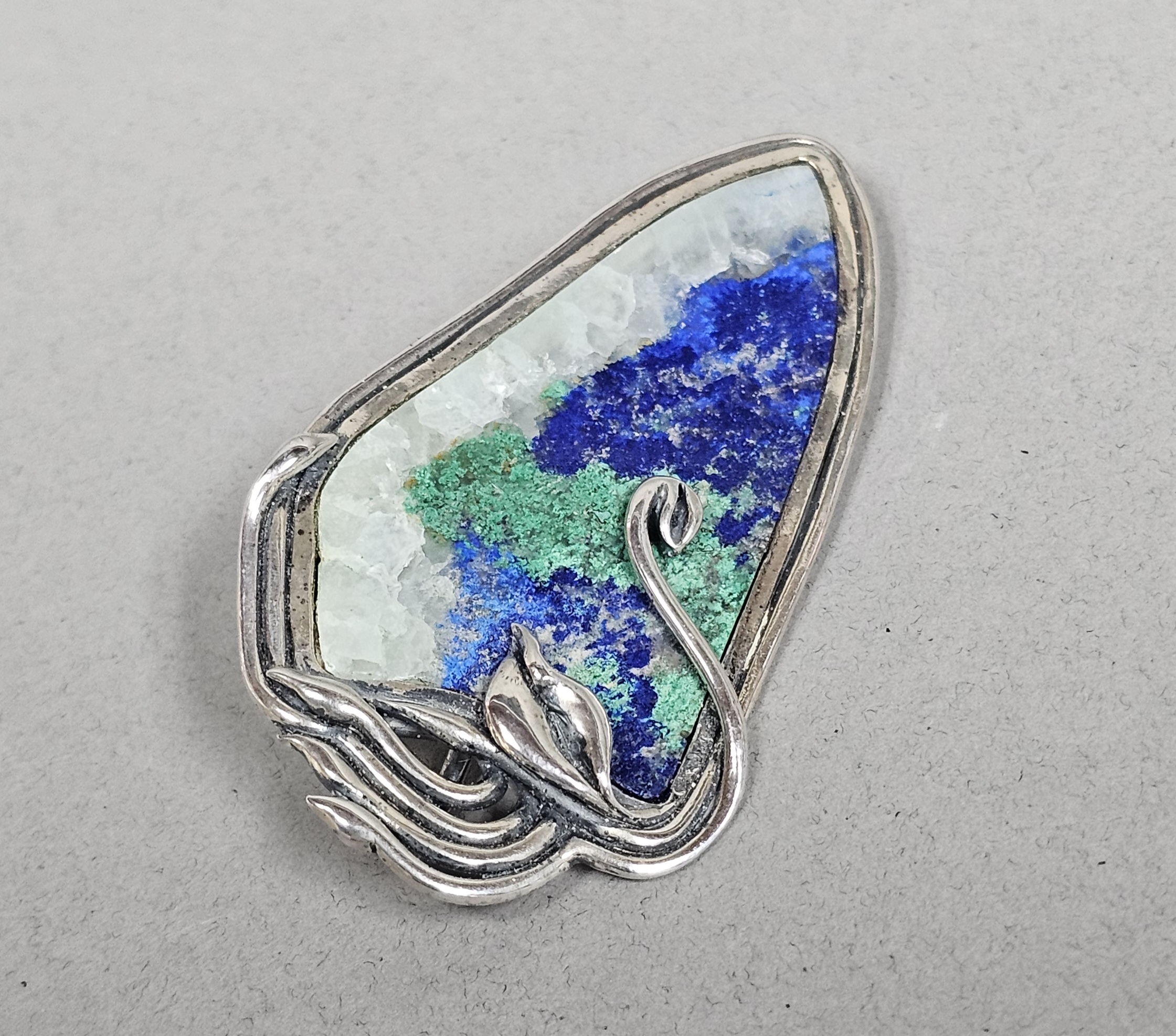 Sterling Azurite & Malachite Matrix Brooch 21.2 Grams