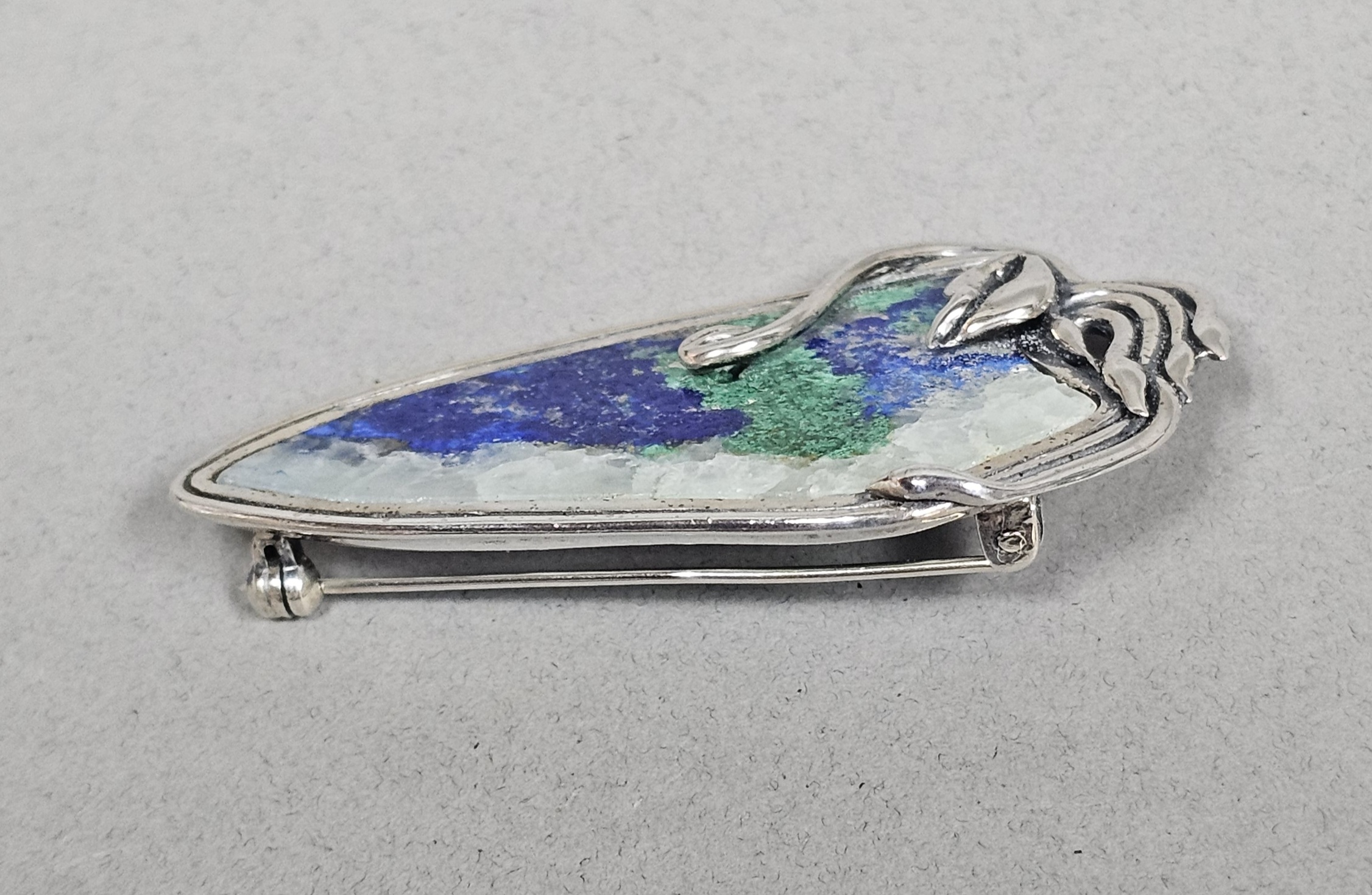 Sterling Azurite & Malachite Matrix Brooch 21.2 Grams