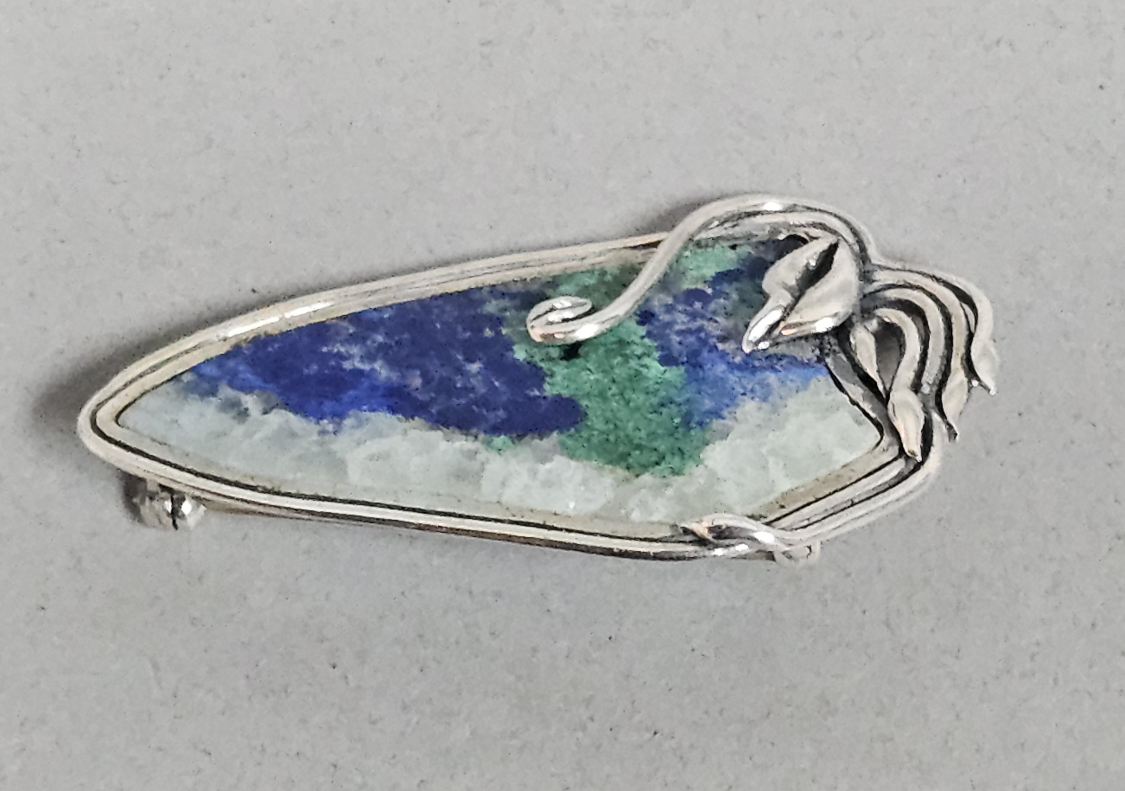 Sterling Azurite & Malachite Matrix Brooch 21.2 Grams