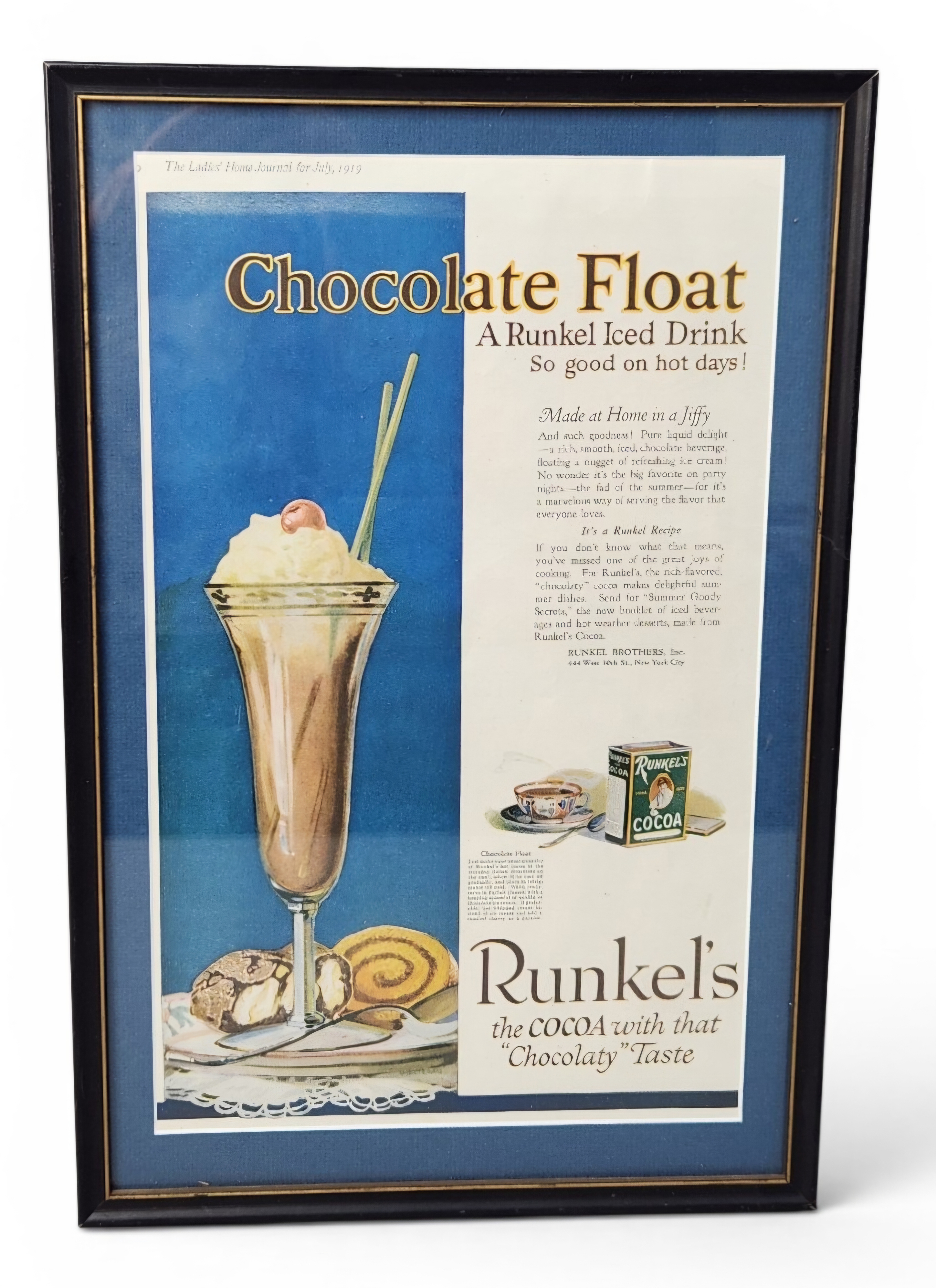 1919 Runkel's Cocoa Chocolate Float Ad