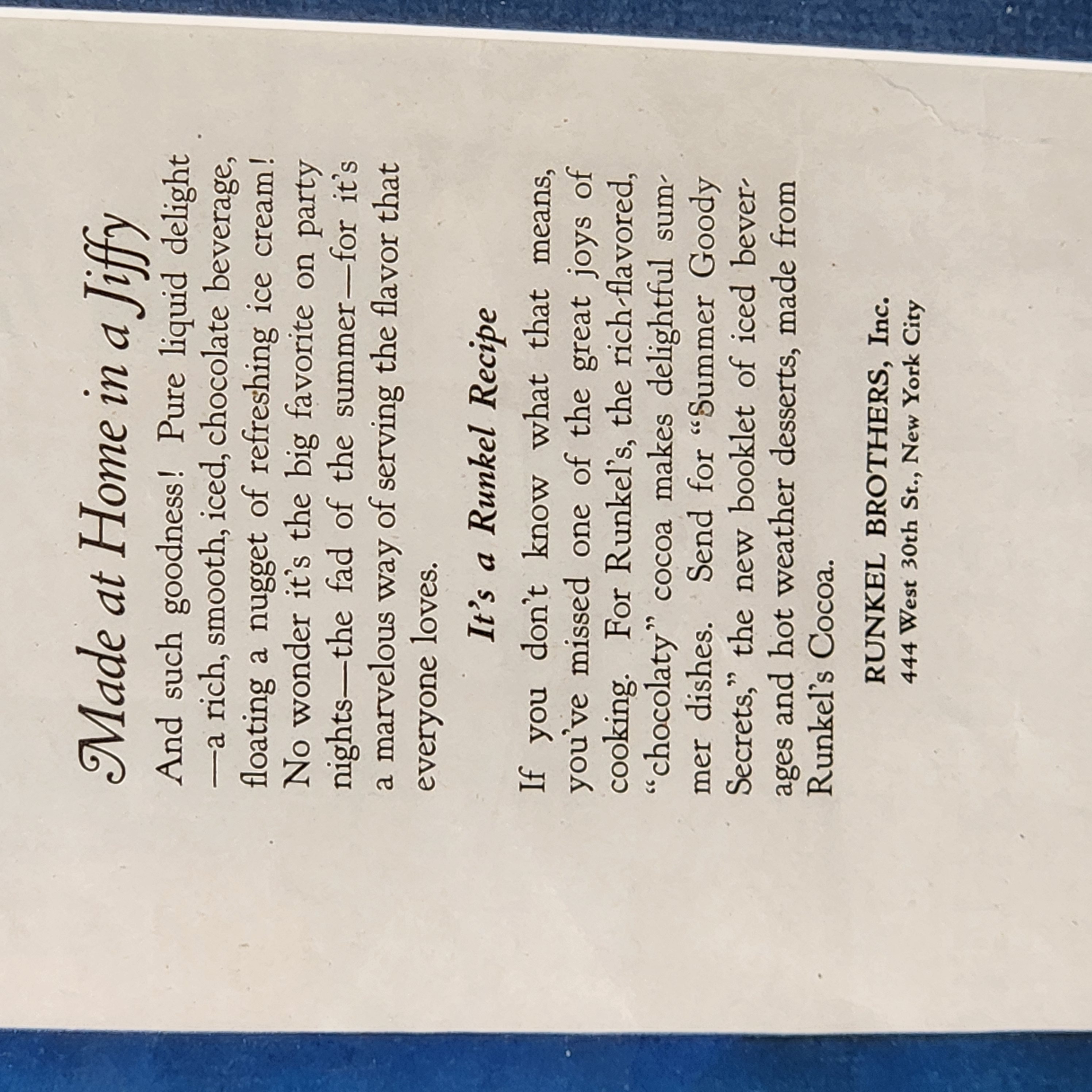 1919 Runkel's Cocoa Chocolate Float Ad