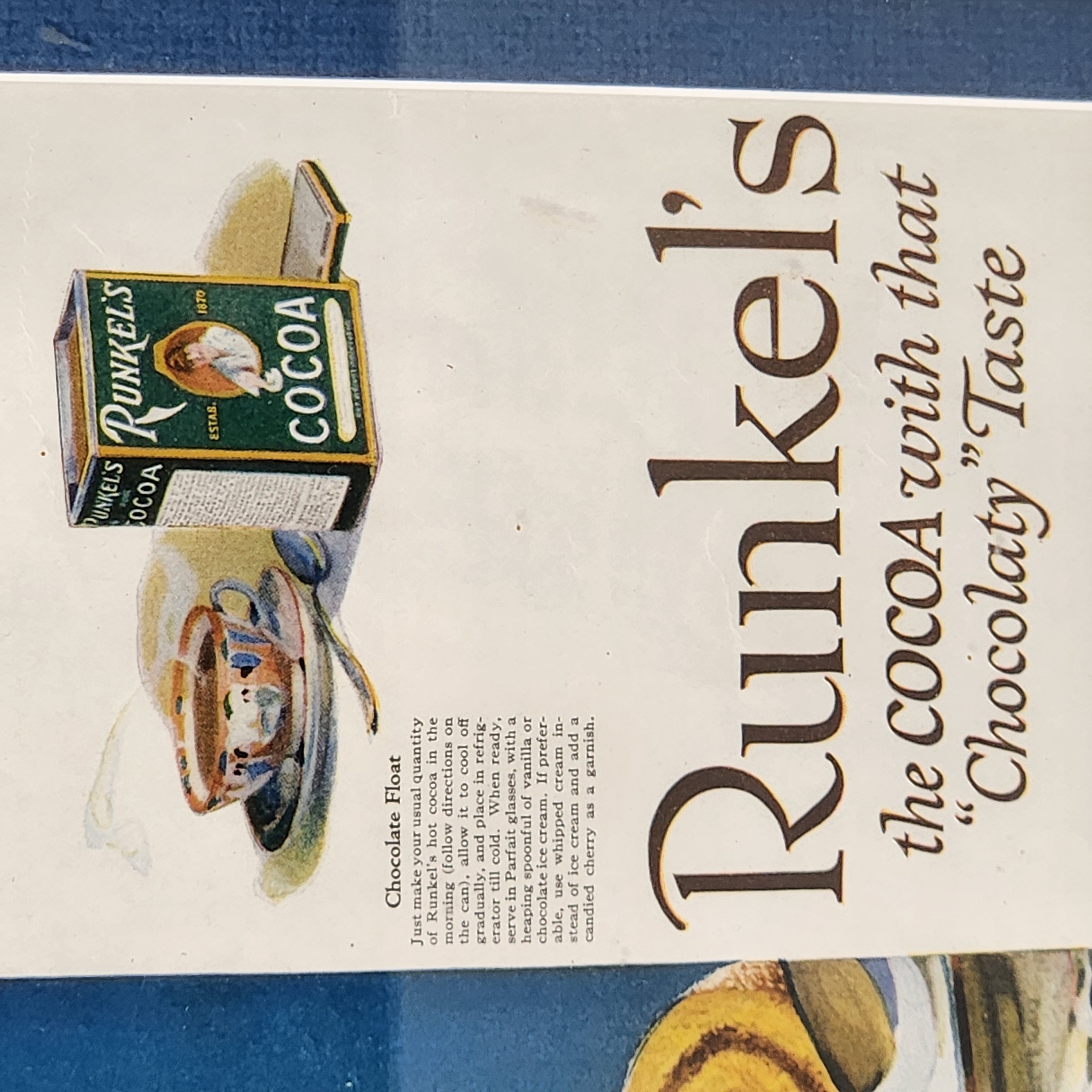 1919 Runkel's Cocoa Chocolate Float Ad