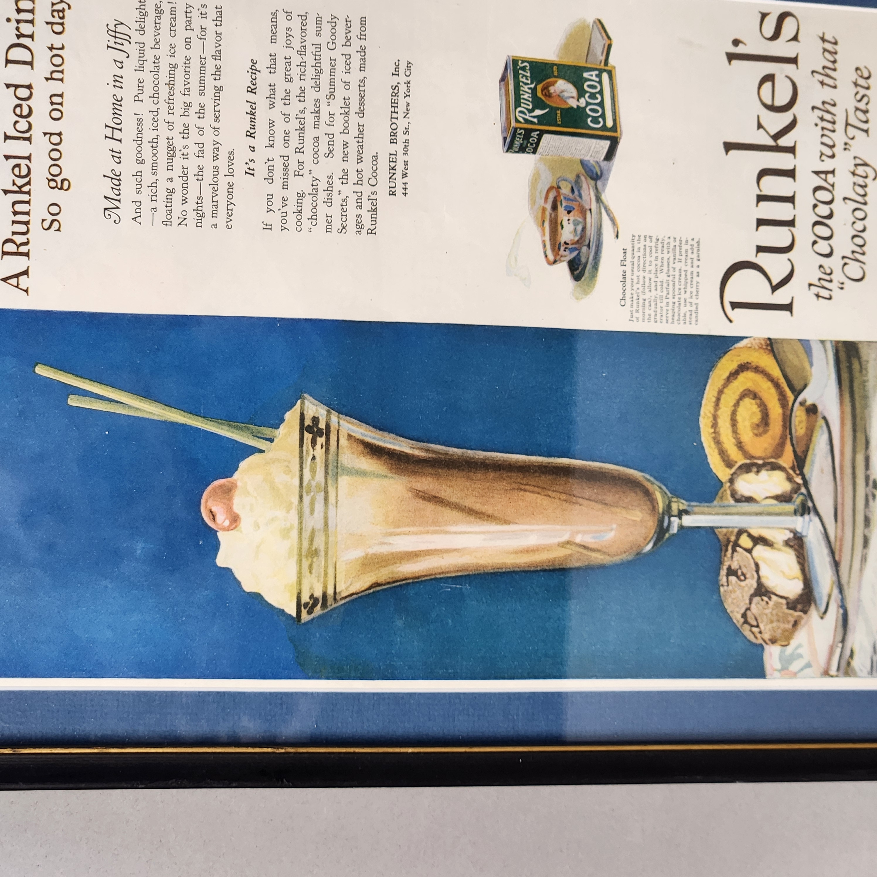 1919 Runkel's Cocoa Chocolate Float Ad