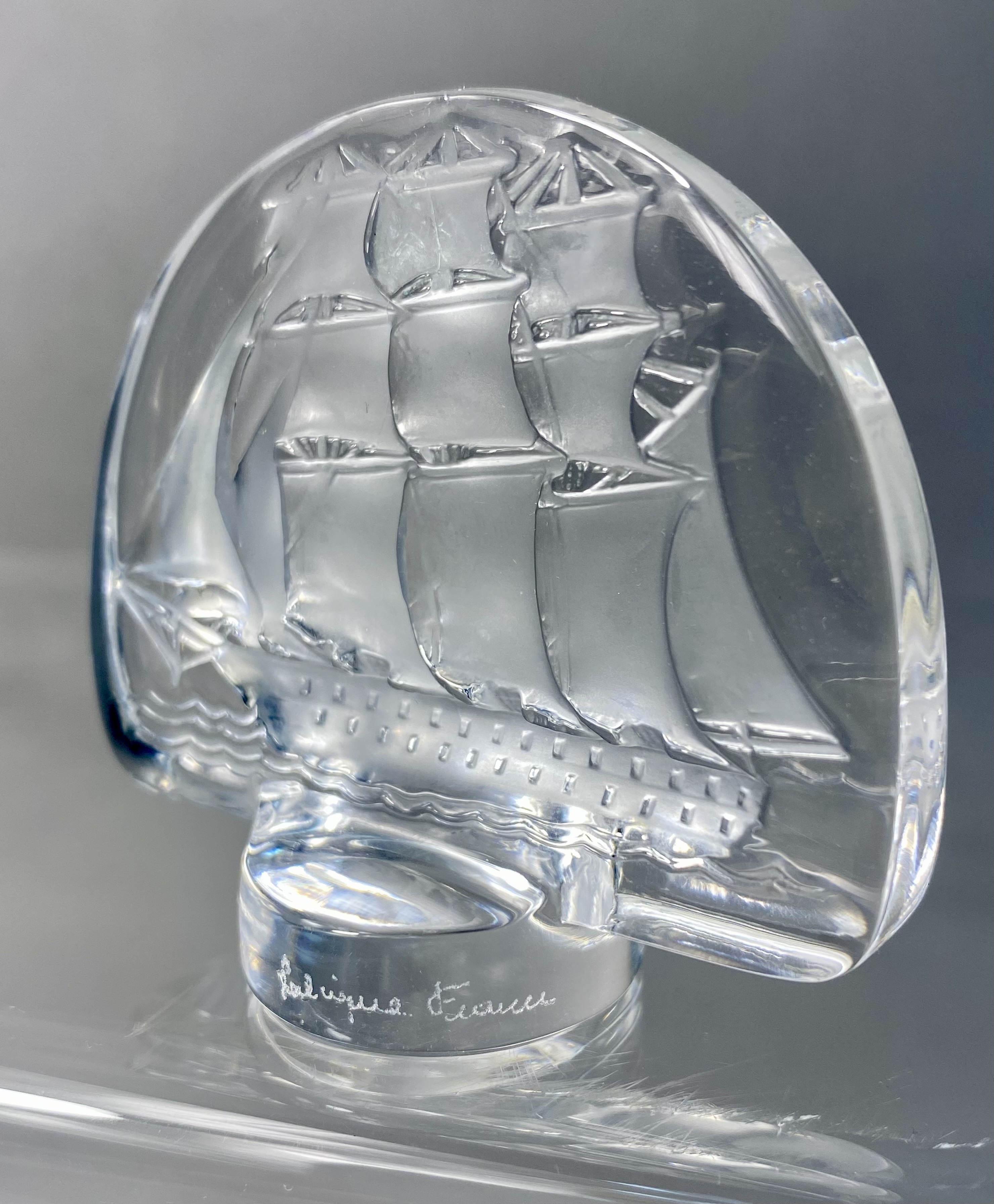 Lalique France Crystal Caravelle Sailing Ship Paperweight