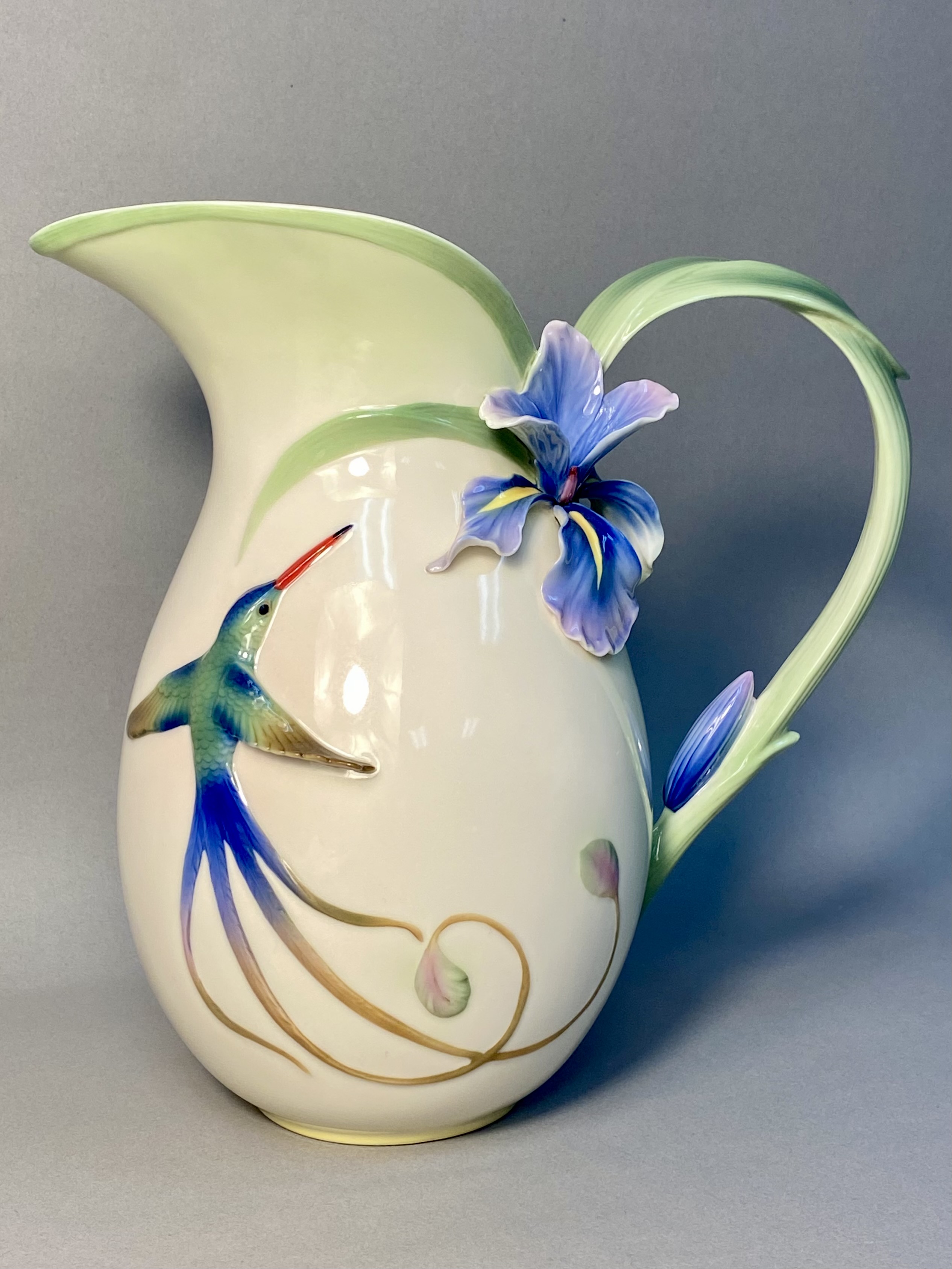 Hummingbird & Iris Porcelain Handle Vase