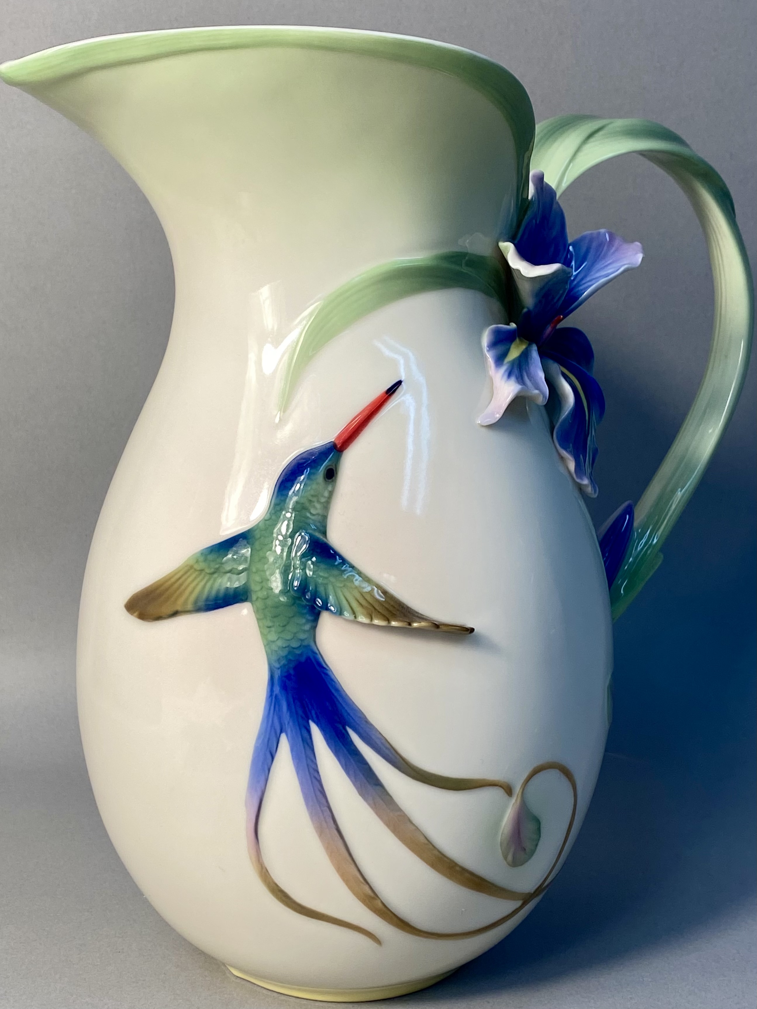 Hummingbird & Iris Porcelain Handle Vase