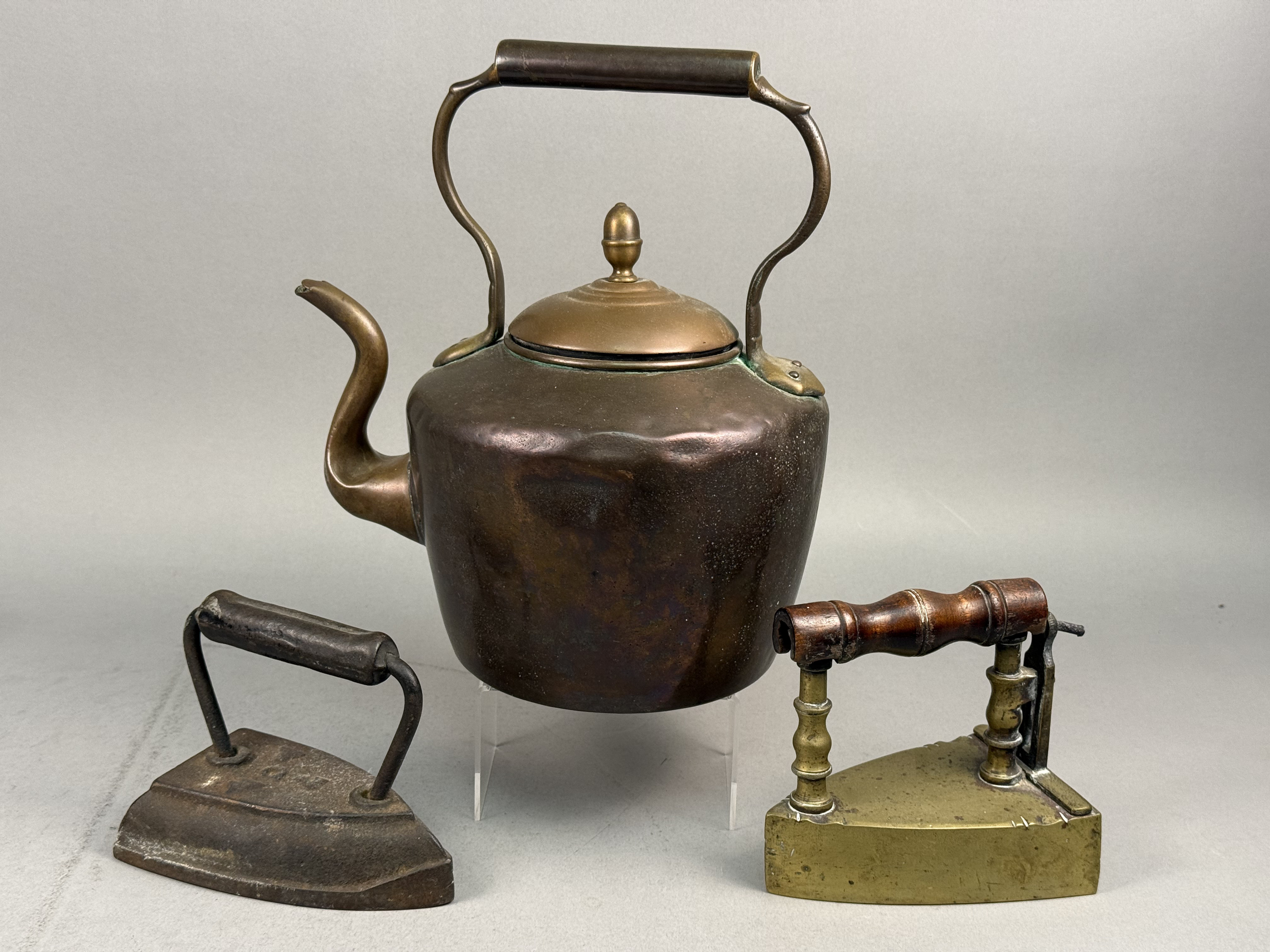 Antique Metalware Inc Copper Tea Kettle & 2 Irons