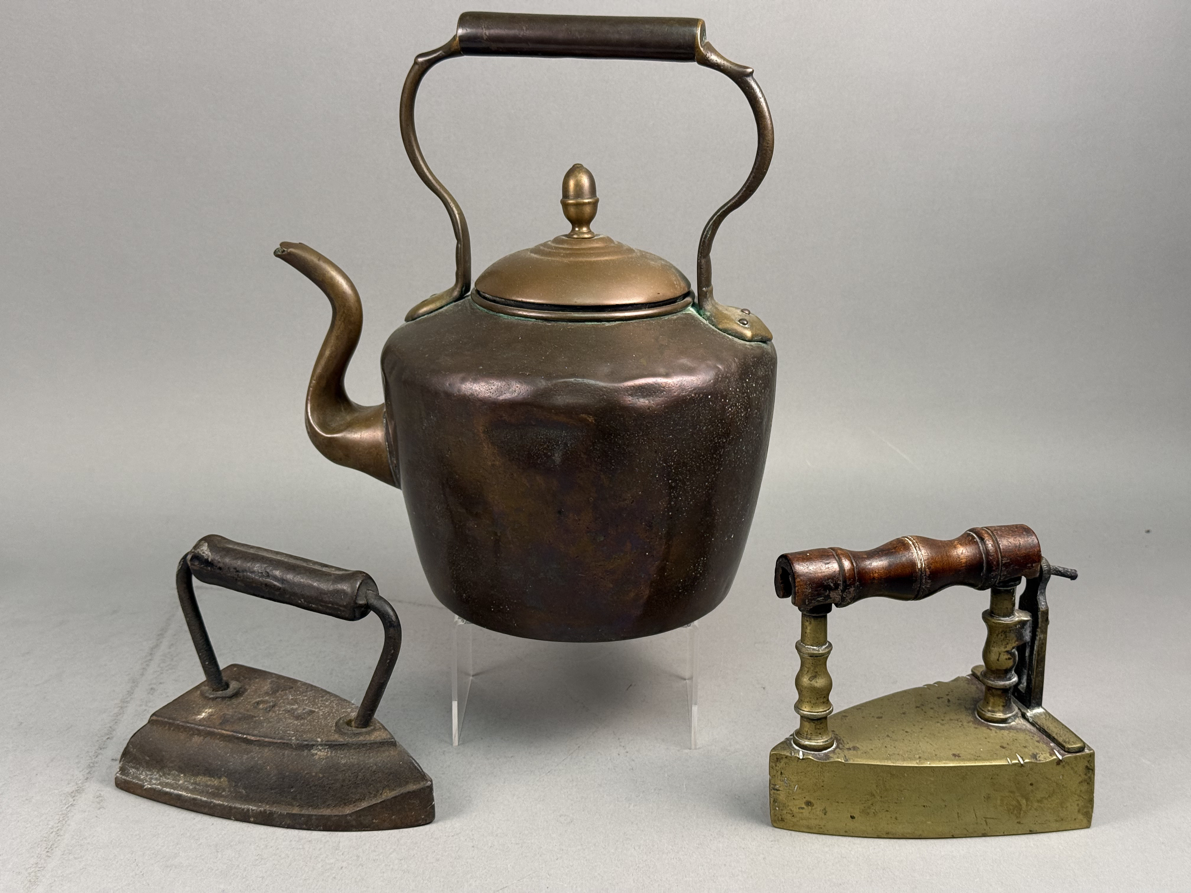 Antique Metalware Inc Copper Tea Kettle & 2 Irons