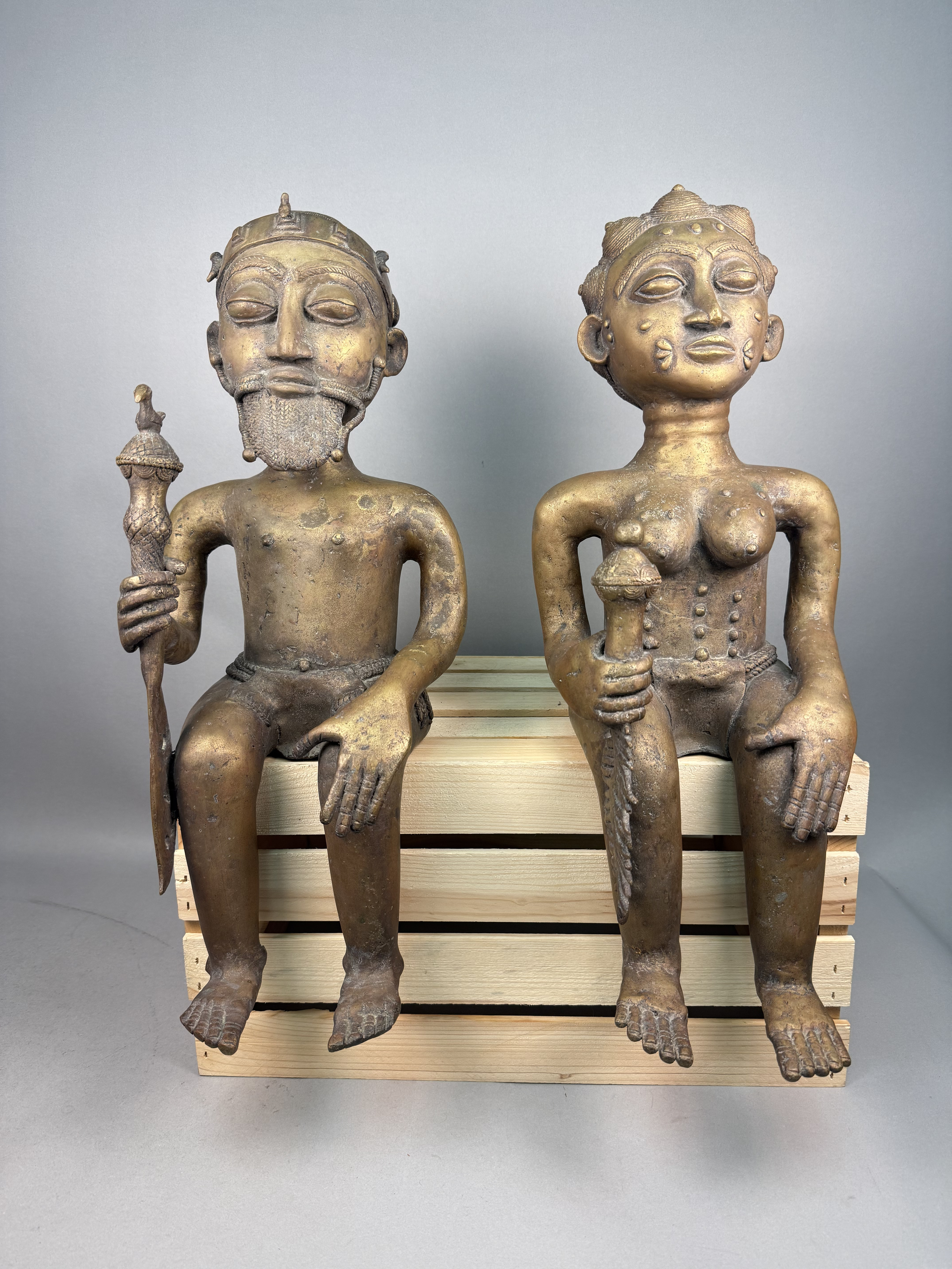 Large West African Cast Metal Seated Figures