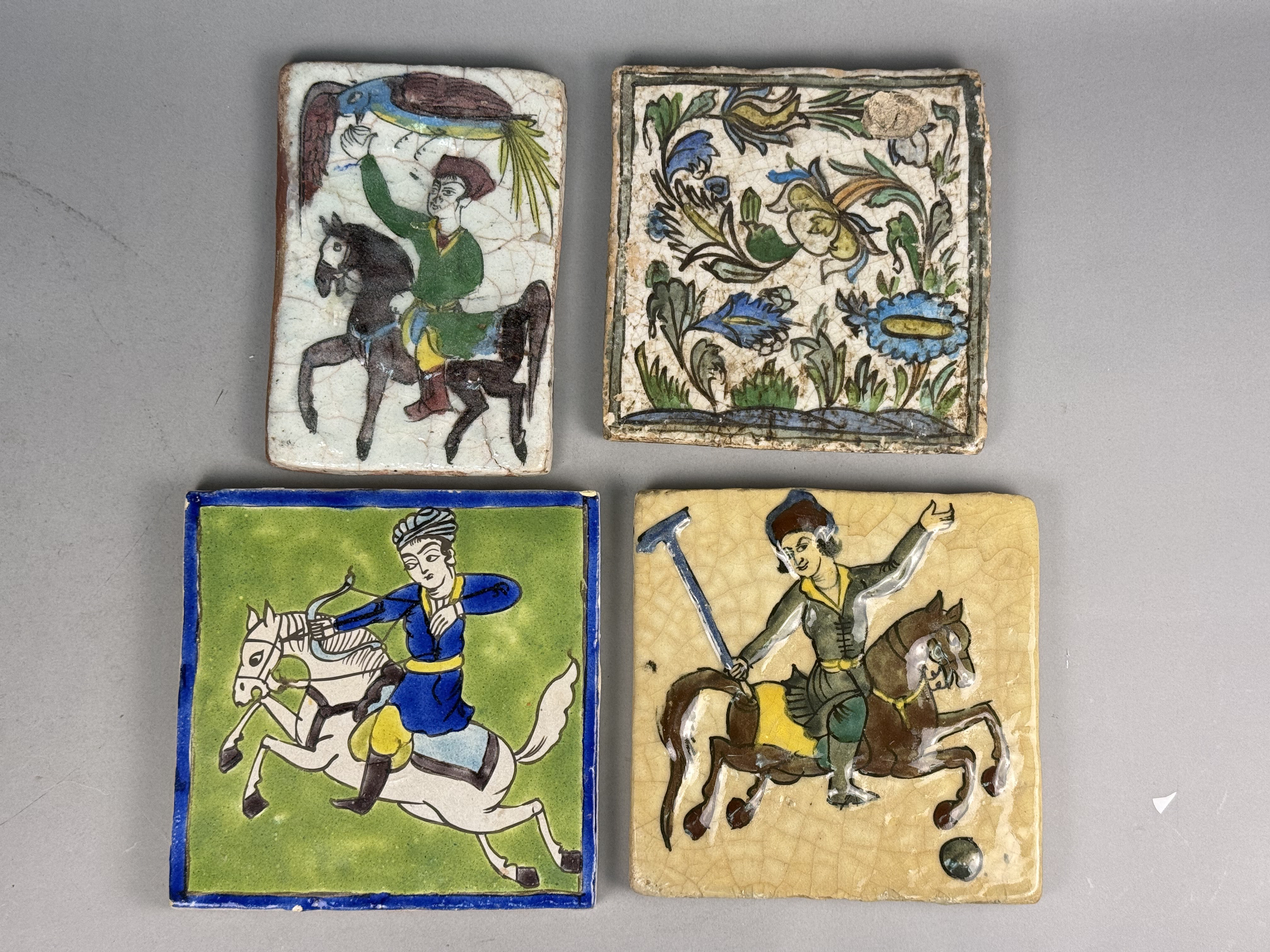 4 Persian Qajar Style Polychrome Earthenware Tiles
