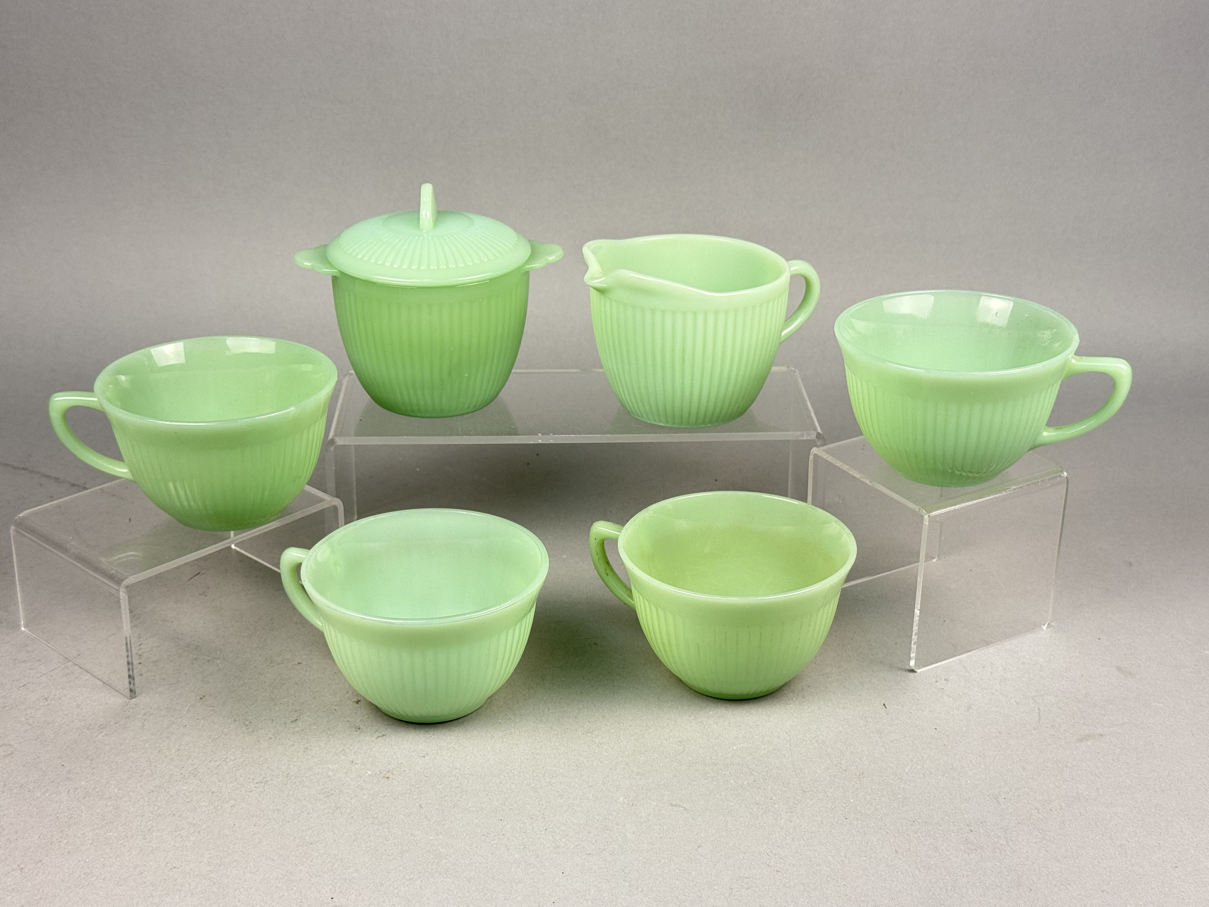 A Set of Fire-King Jane Ray Jadeite Glassware