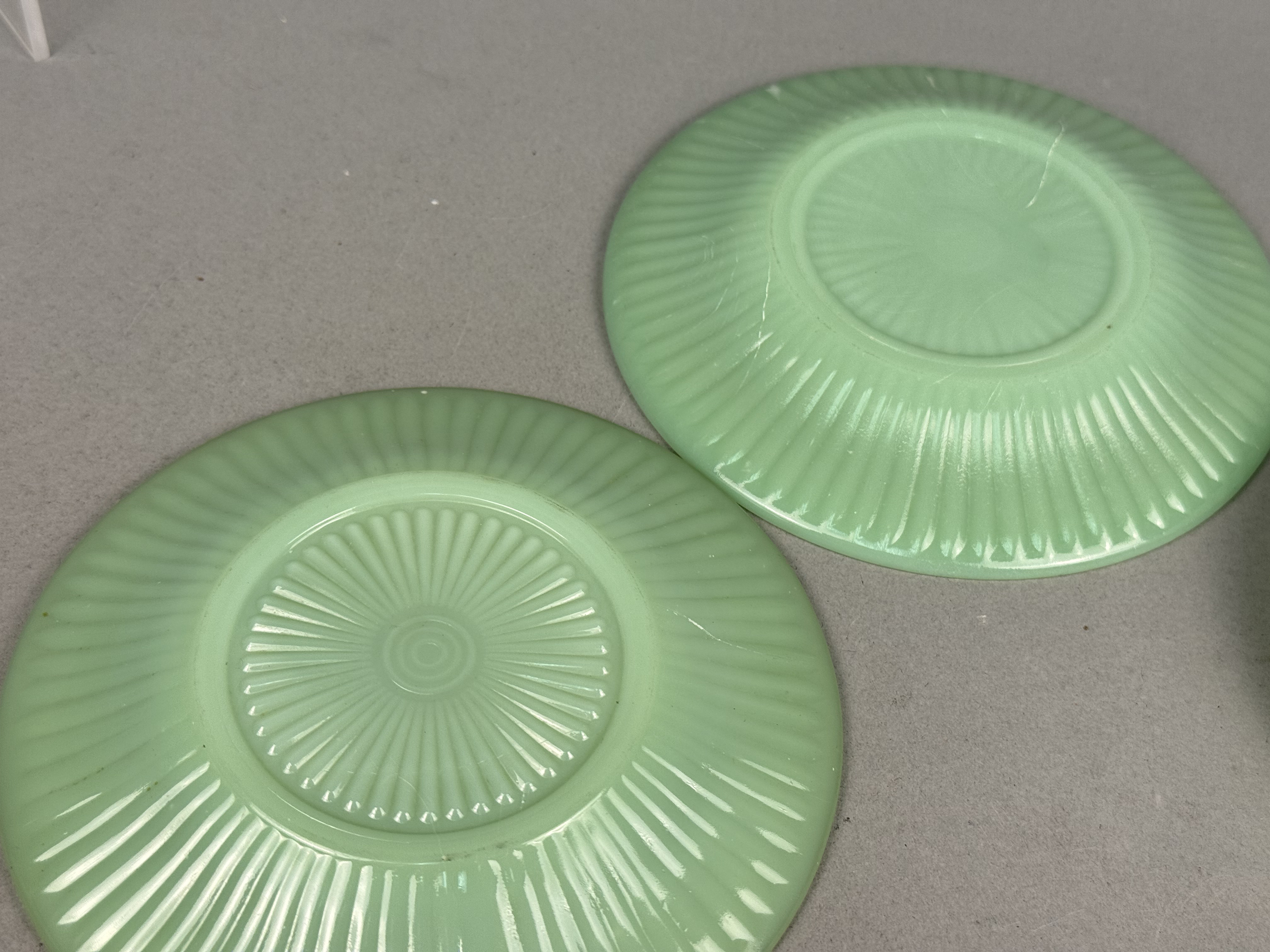 12 Pieces of Fire-King Jadeite Jane Ray Tableware