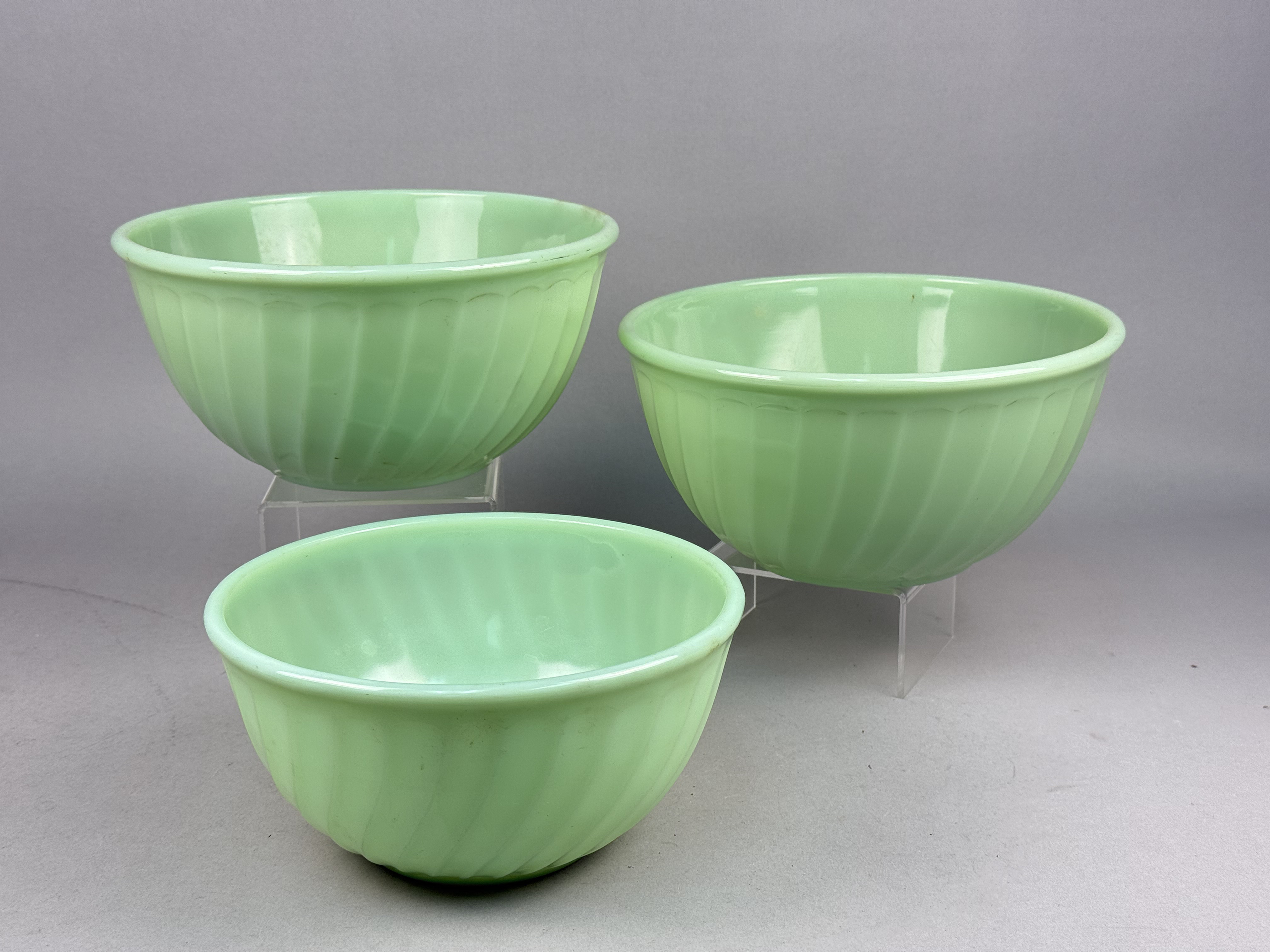 A Trio of Fire-King Jadeite Swirl Mixing Bowls