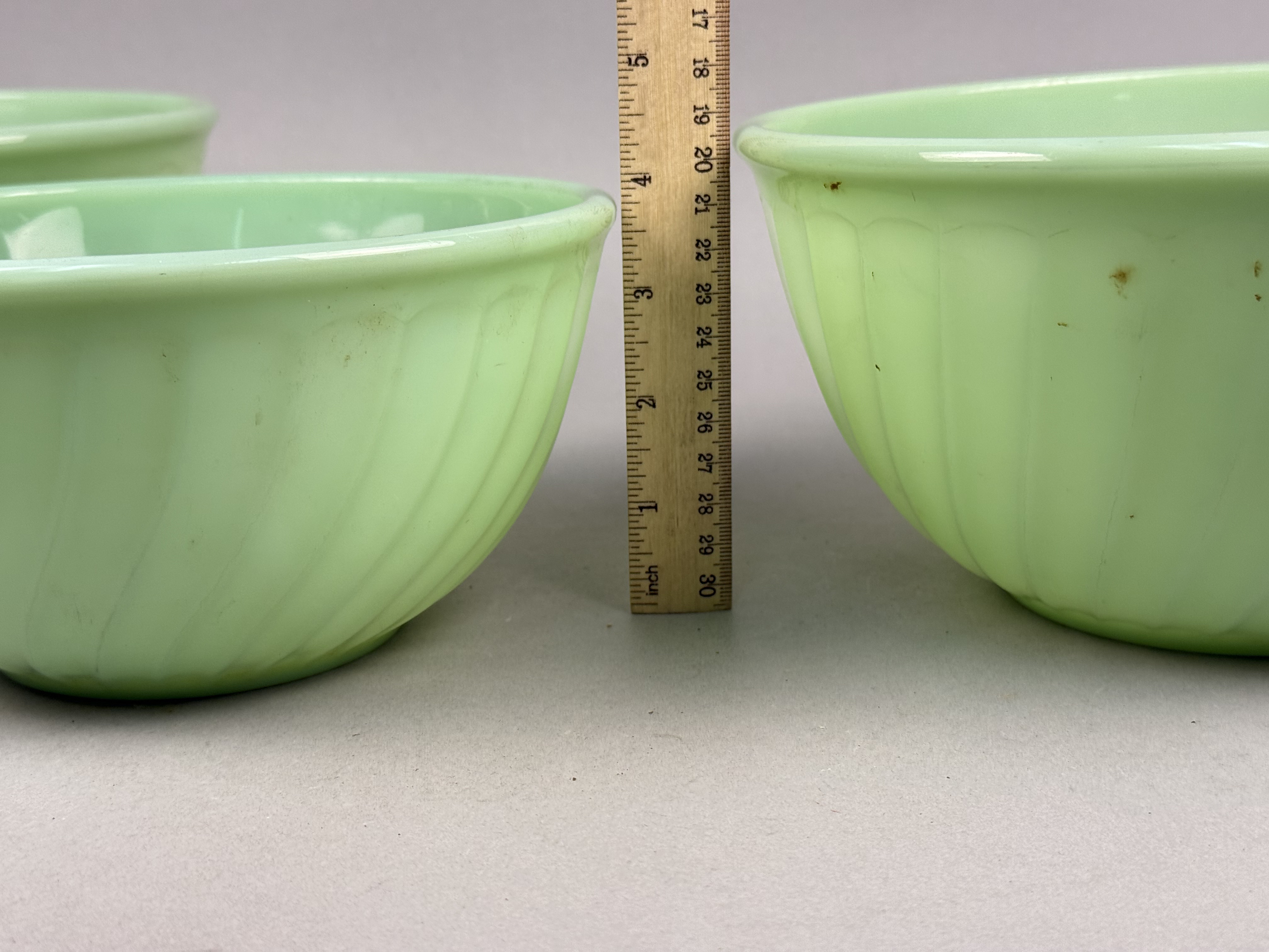 A Trio of Fire-King Jadeite Swirl Mixing Bowls