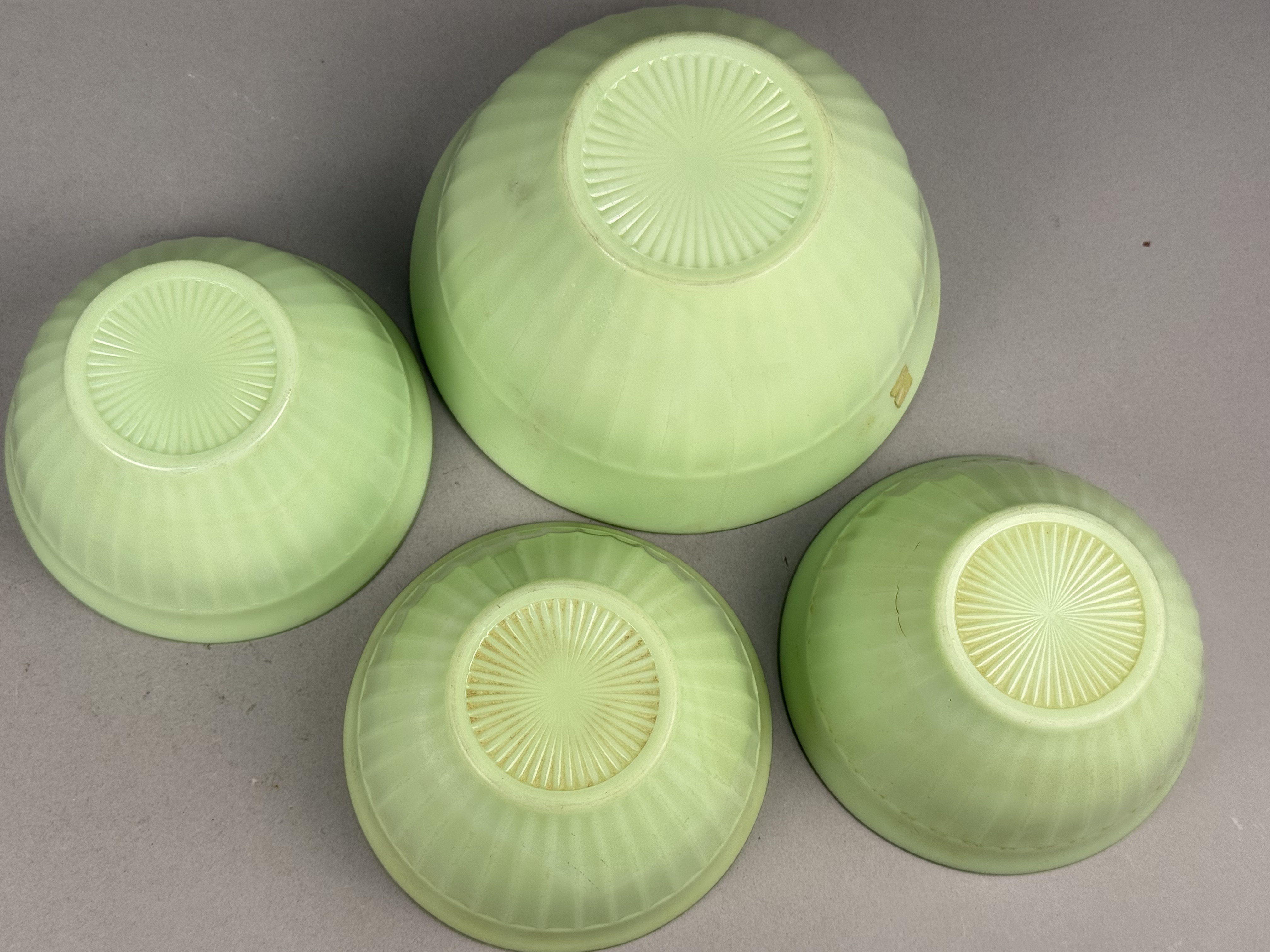 Four Uranium Jadeite Glass Mixing Bowls