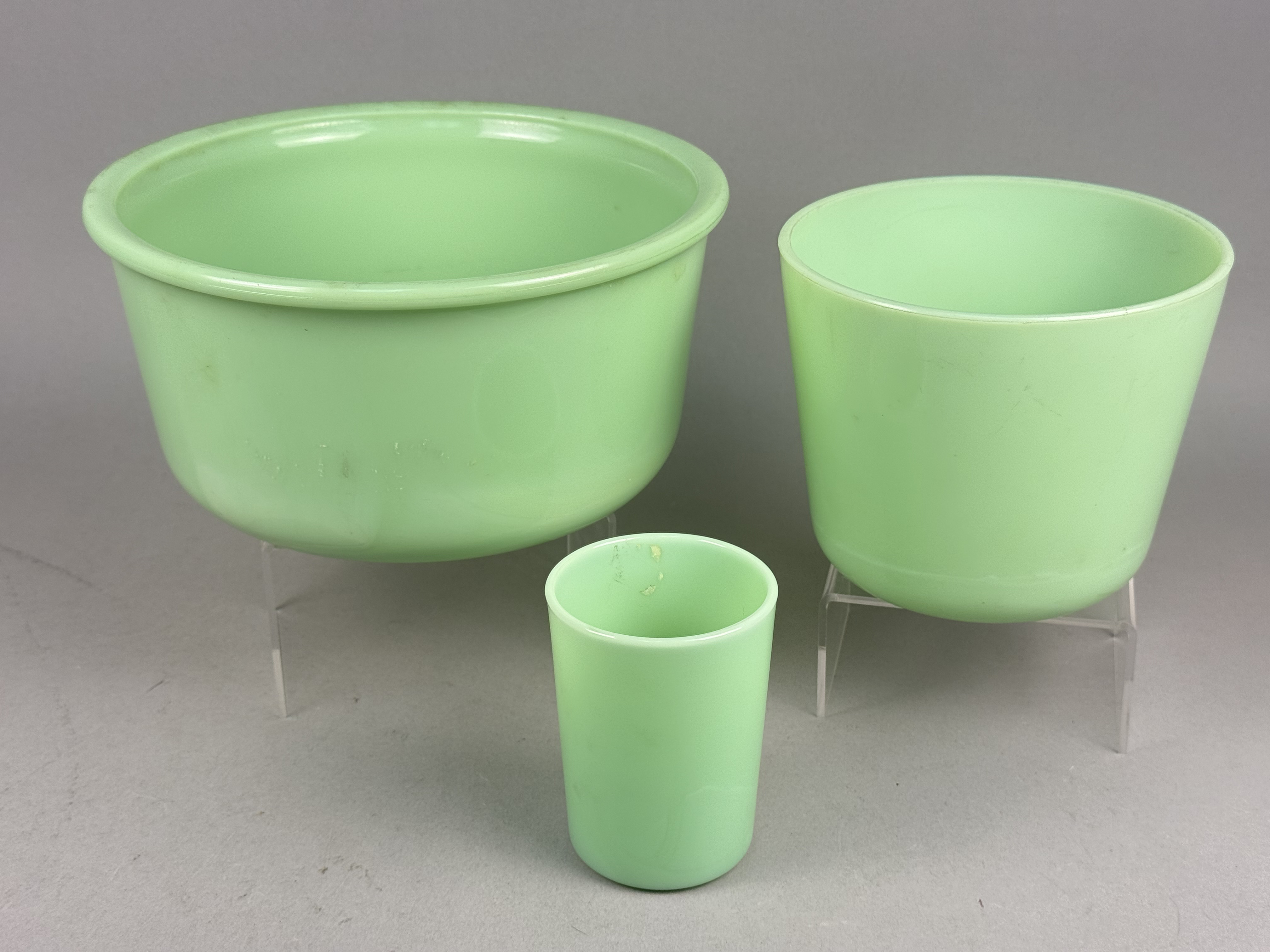 A Trio of Jadeite Uranium Glass Kitchenware