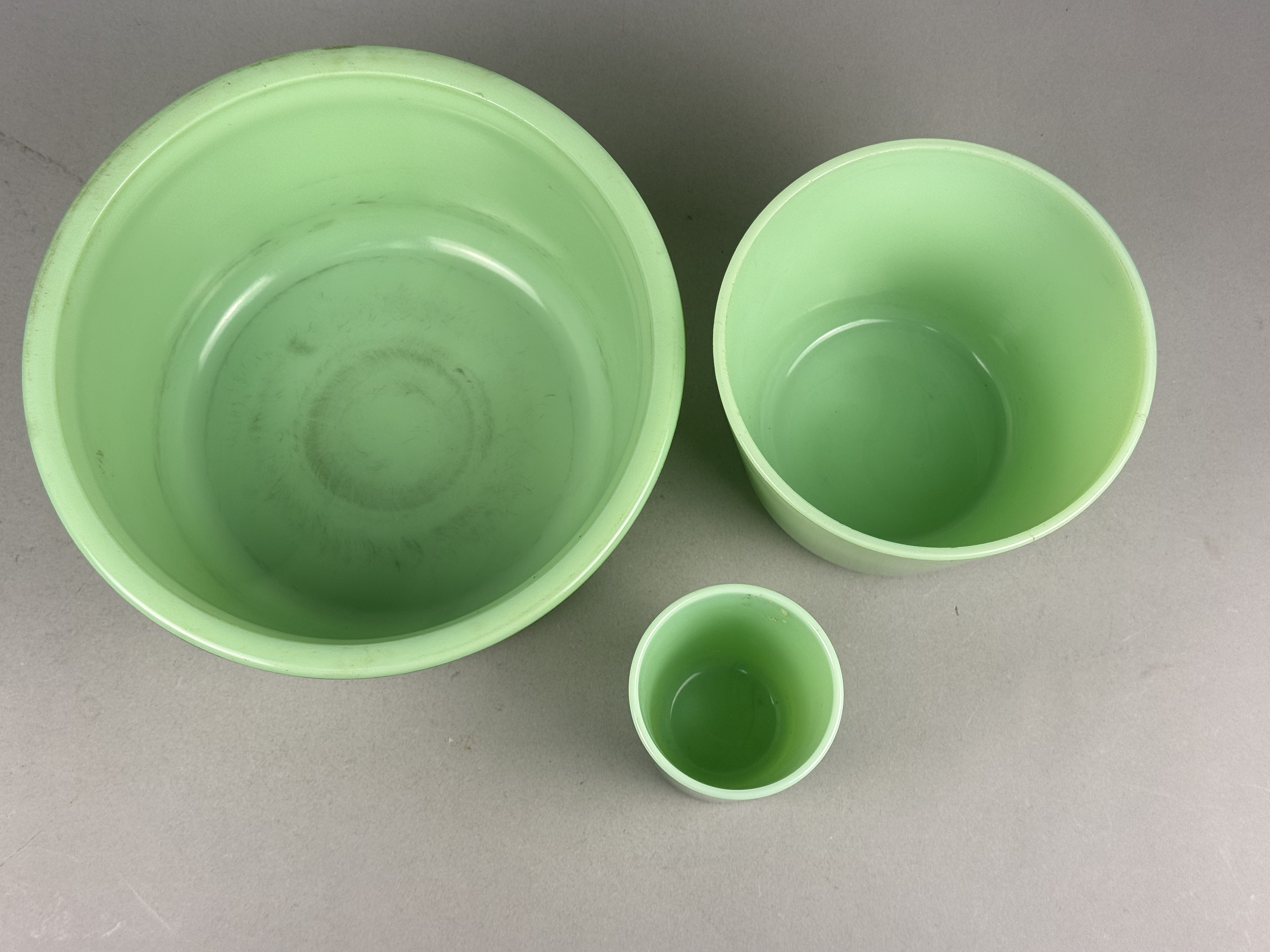 A Trio of Jadeite Uranium Glass Kitchenware