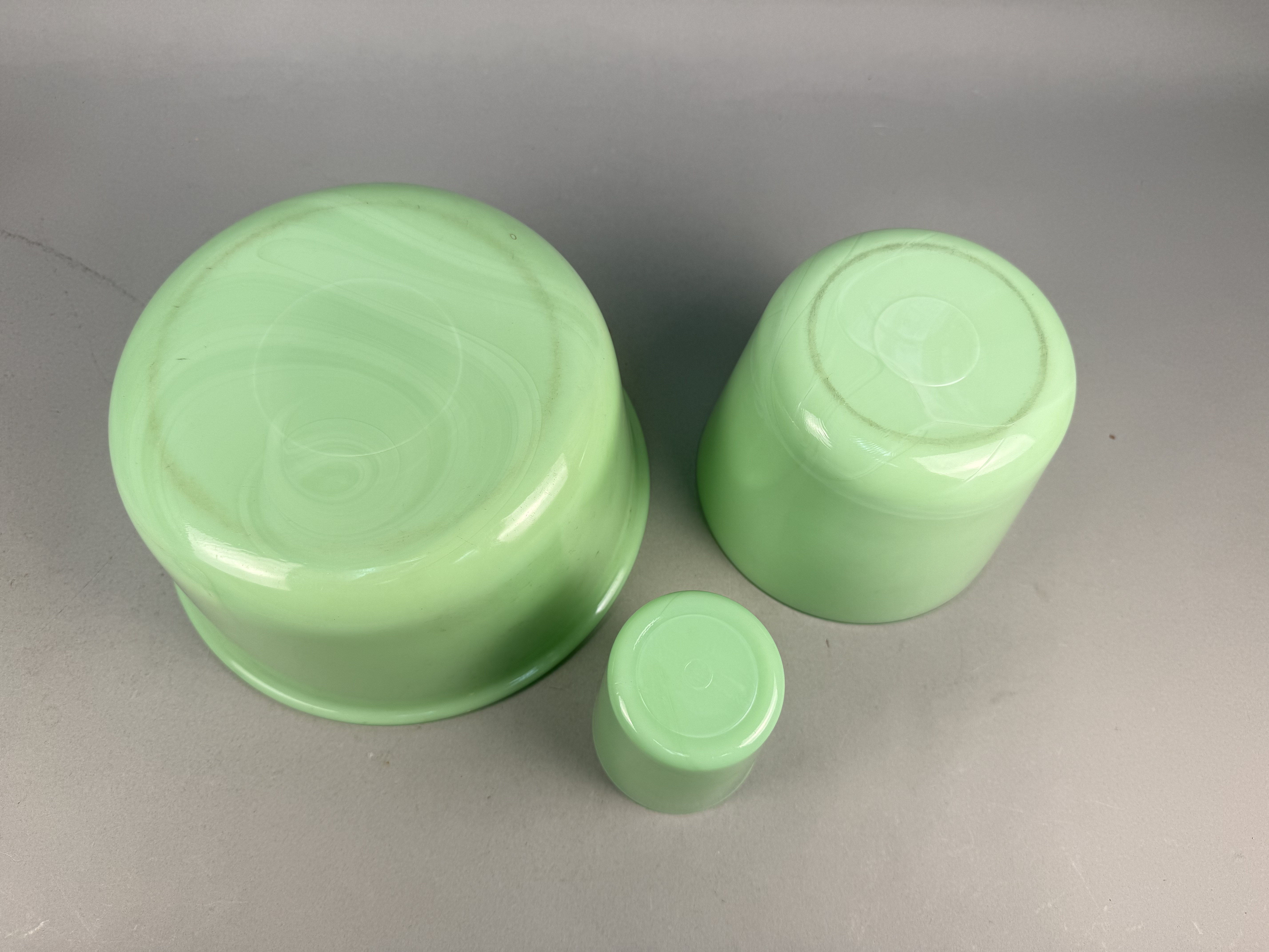 A Trio of Jadeite Uranium Glass Kitchenware