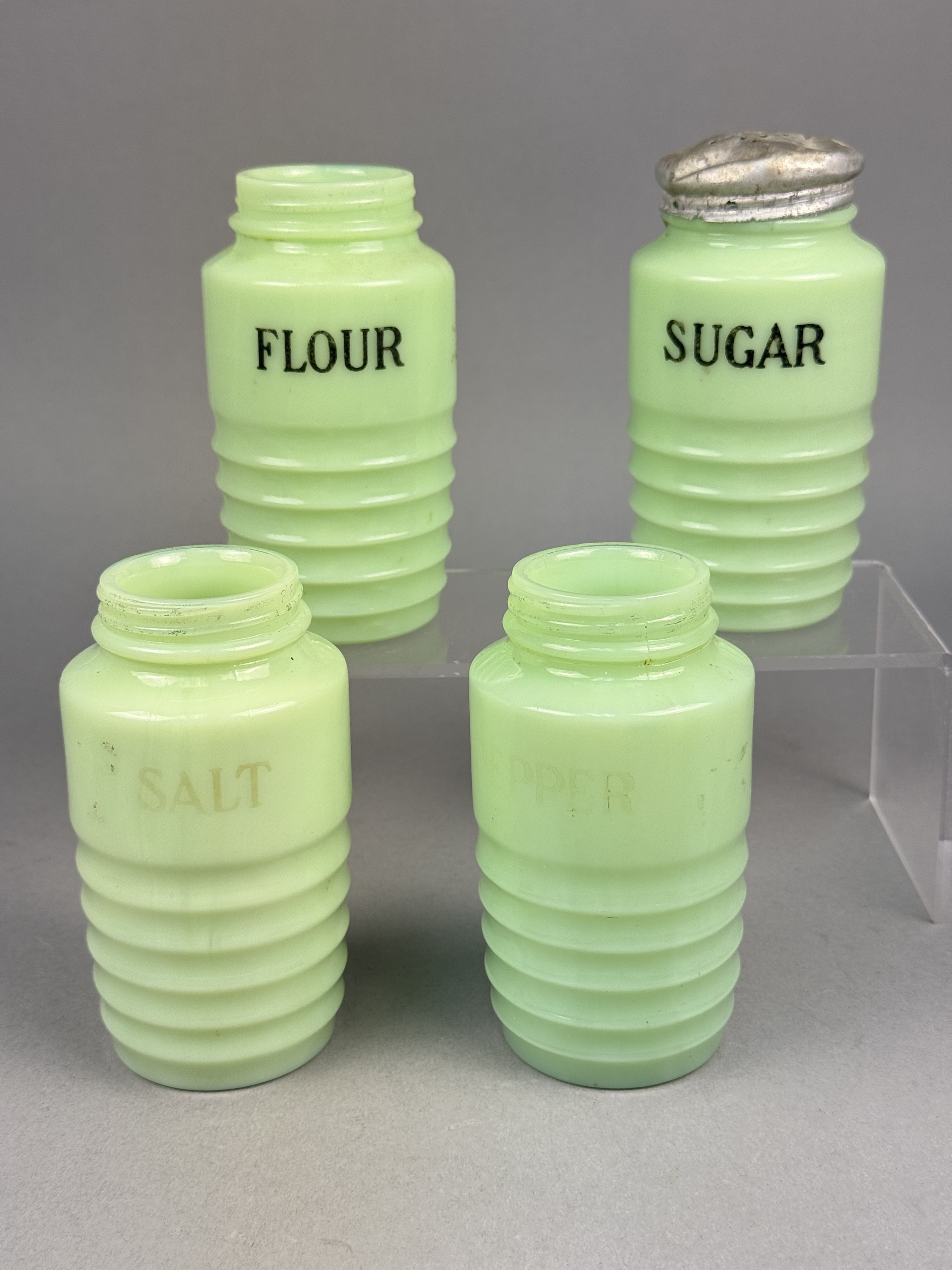 Uranium Jadeite Glass Beehive Shakers