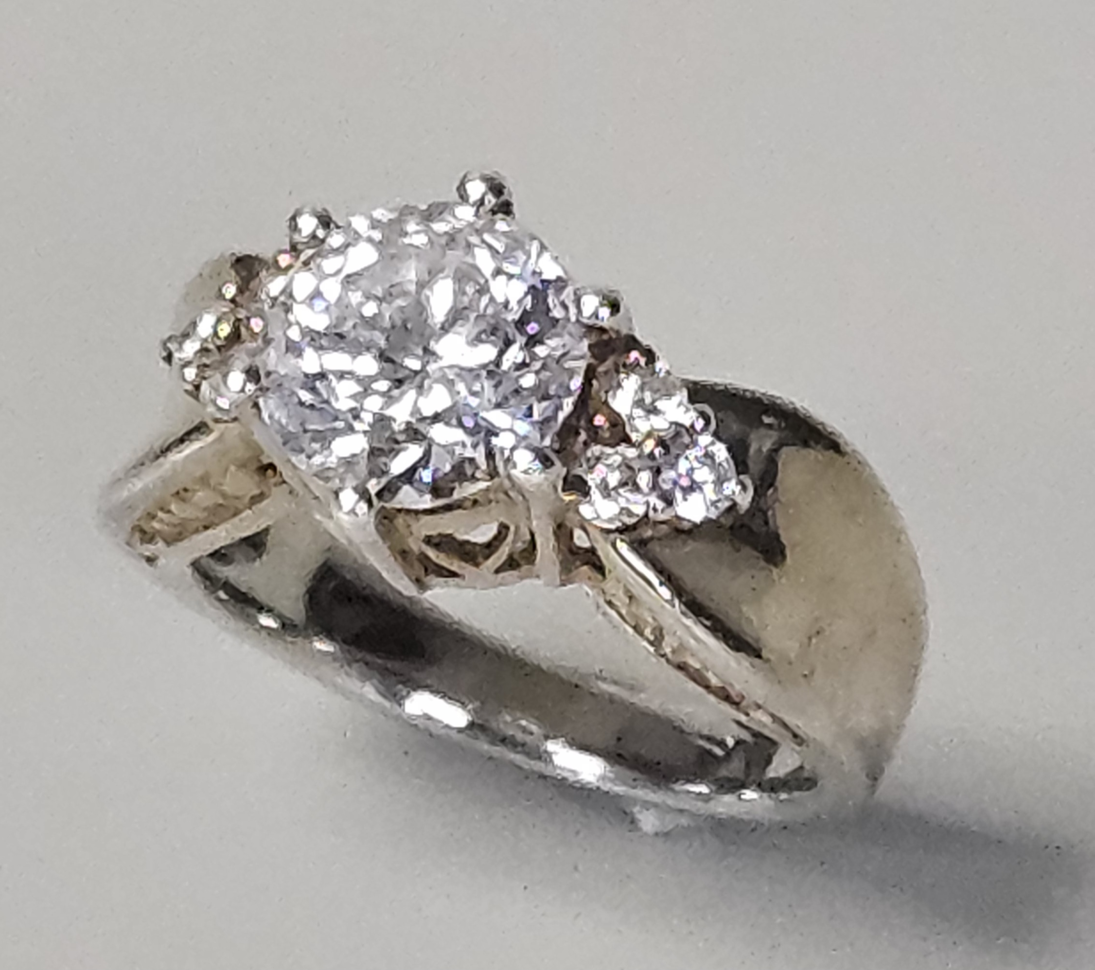 Sterling Colorless Stone Engagement Ring 5.4 Grams