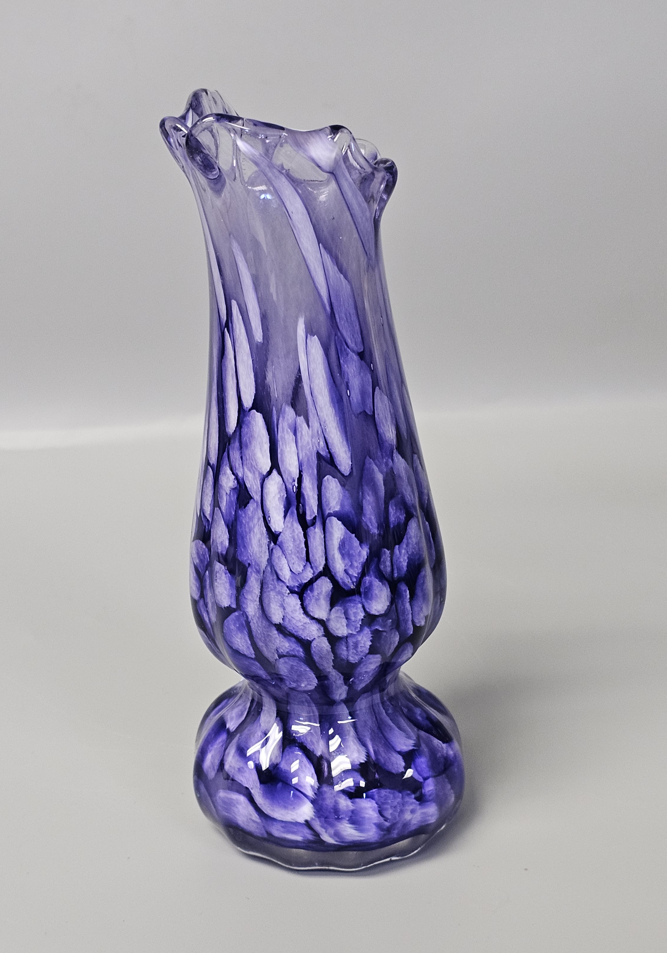 Hand-Blown Purple & White Spatter Art Glass Vase
