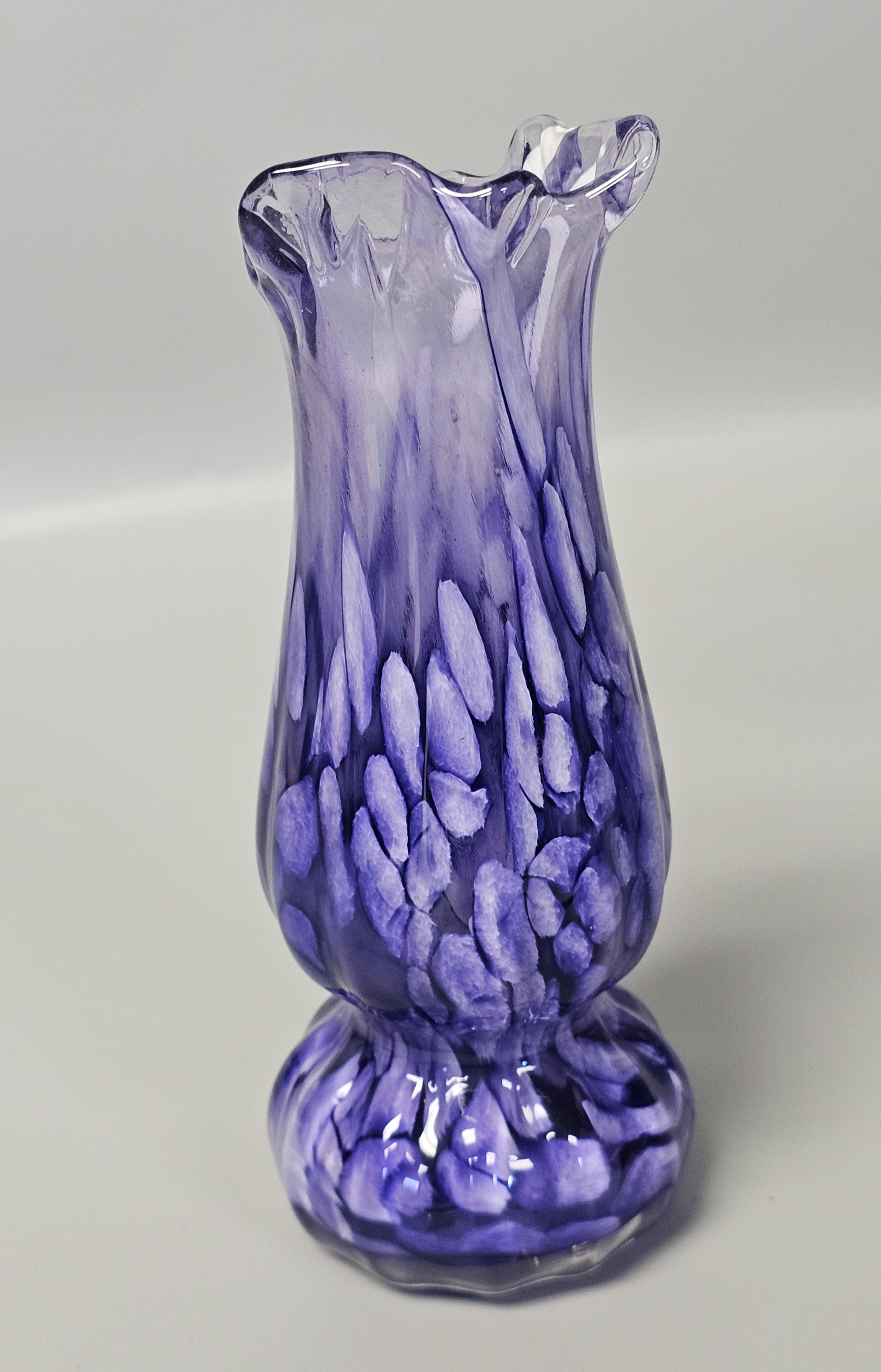 Hand-Blown Purple & White Spatter Art Glass Vase