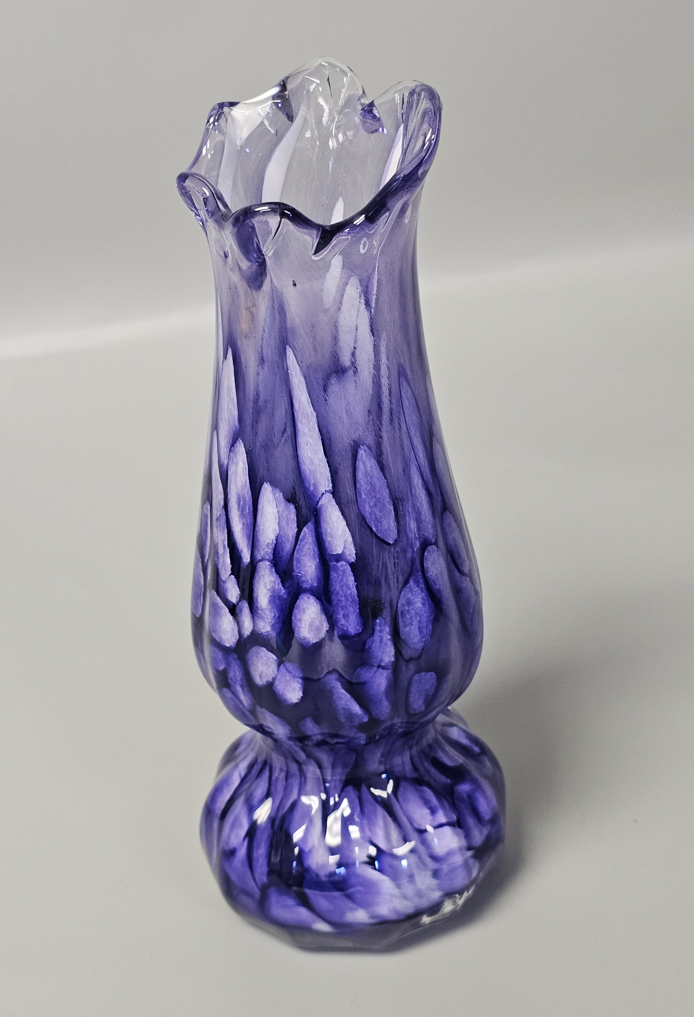 Hand-Blown Purple & White Spatter Art Glass Vase