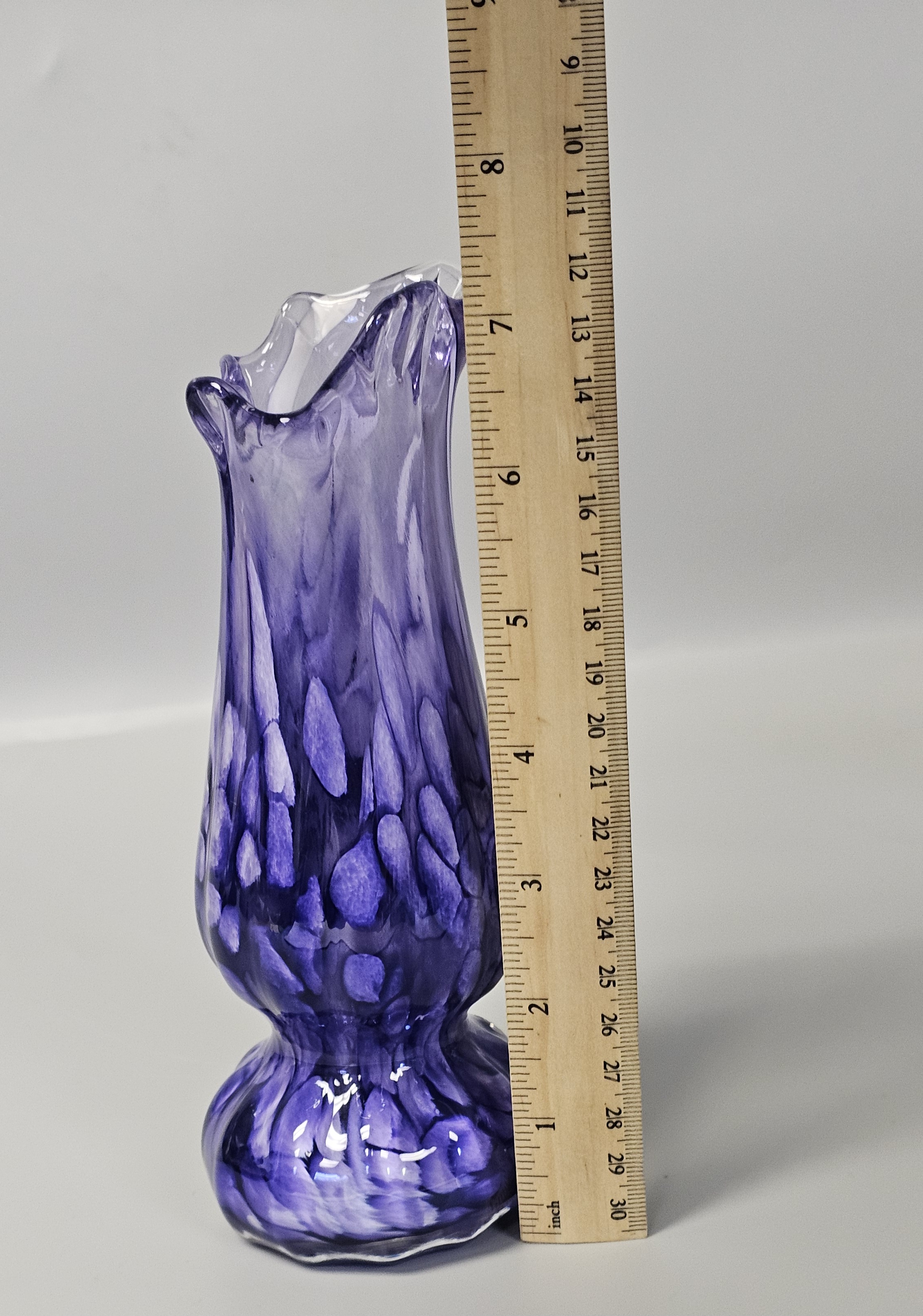 Hand-Blown Purple & White Spatter Art Glass Vase