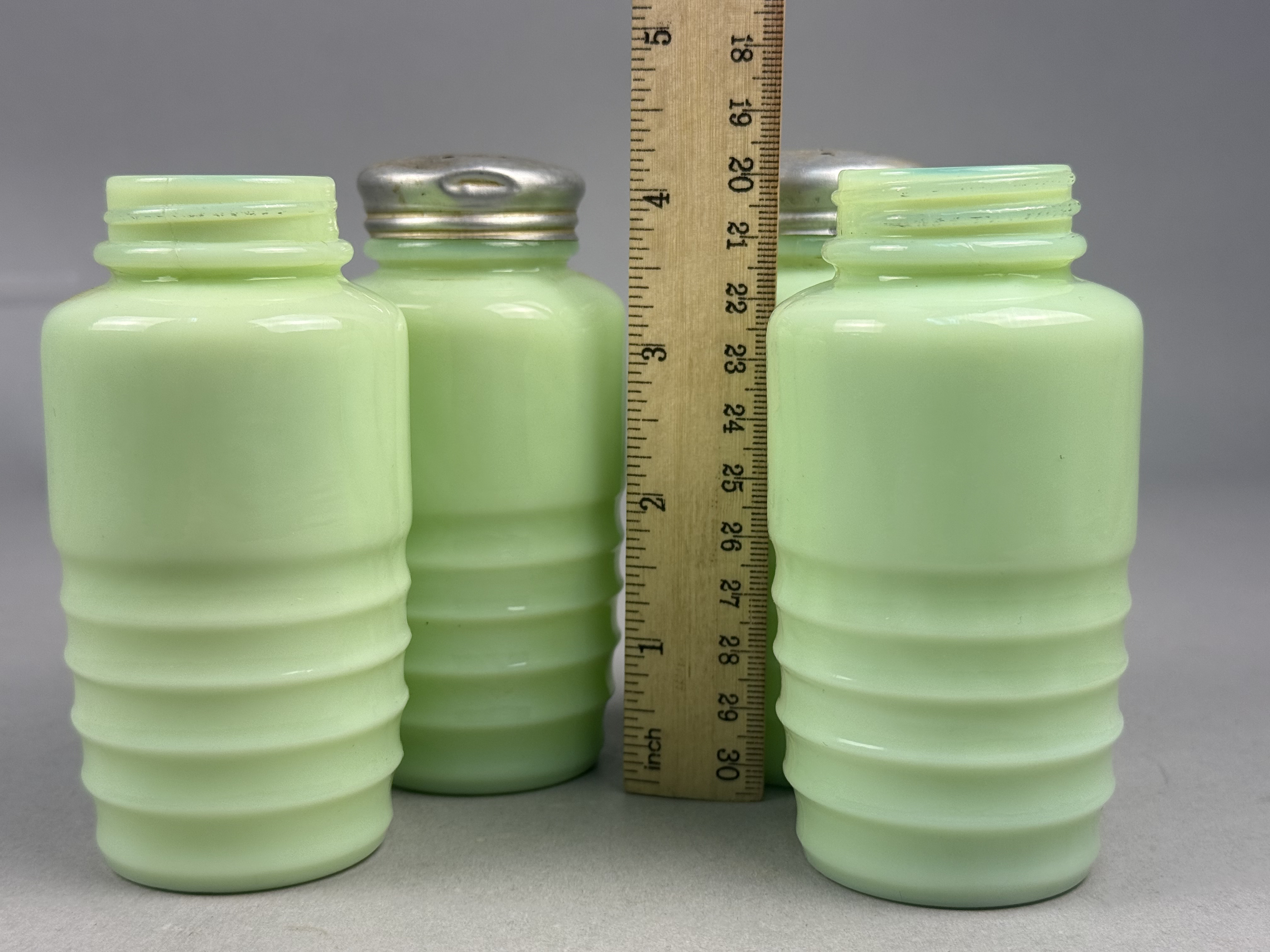 Four Uranium Jadeite Glass Beehive Shakers