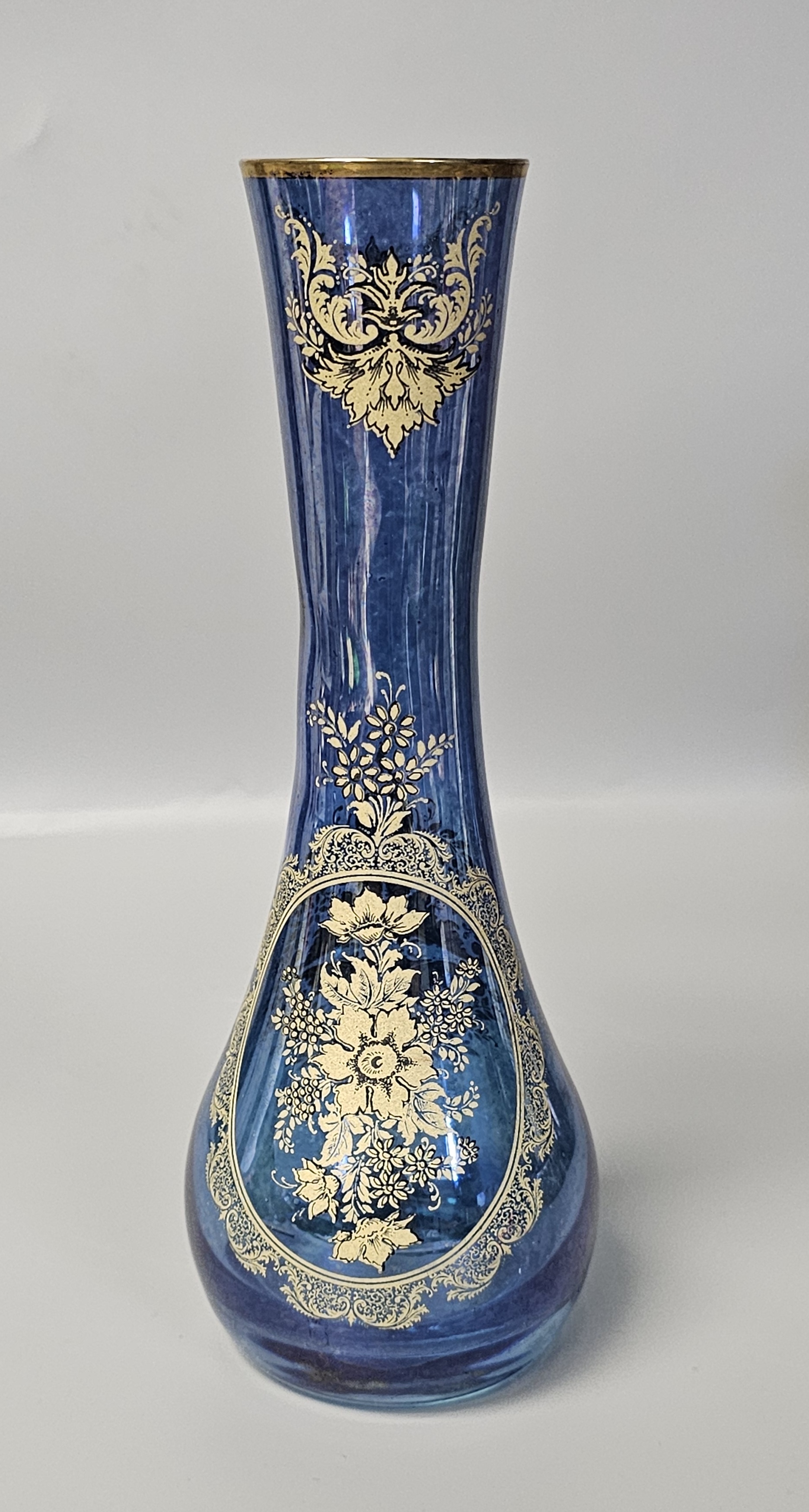 Italian Cobalt Blue Glass Gilt Floral Vase