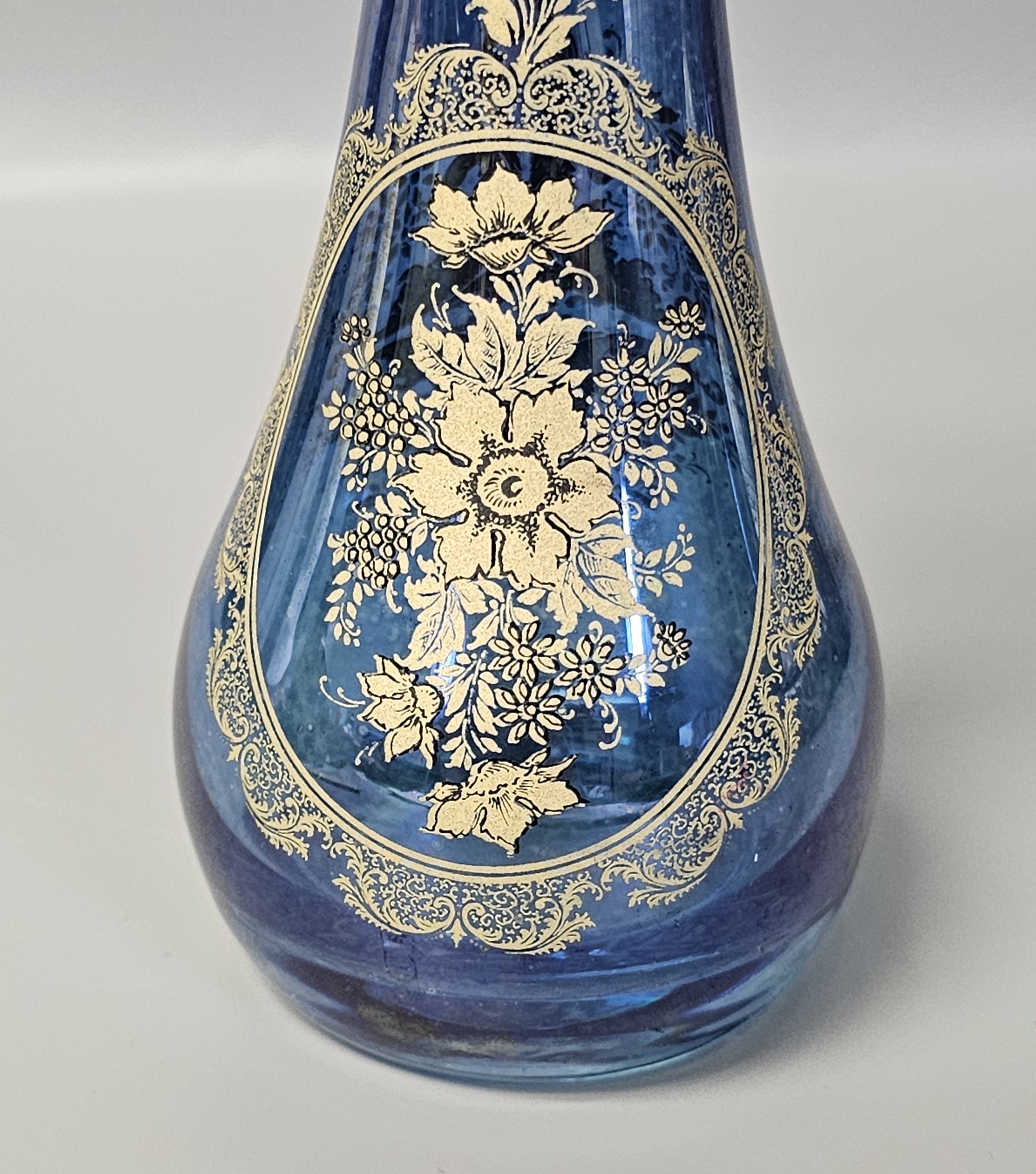 Italian Cobalt Blue Glass Gilt Floral Vase