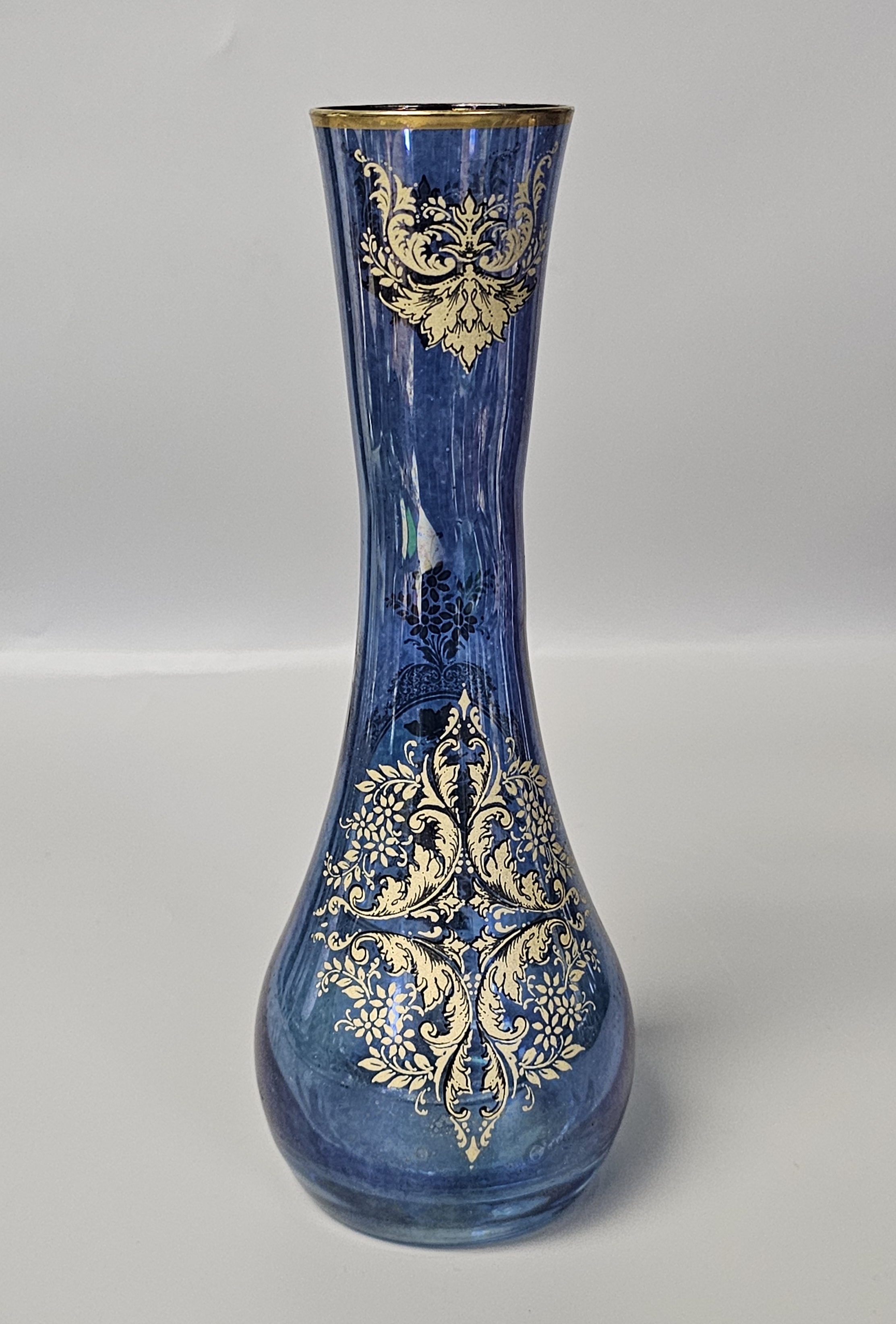 Italian Cobalt Blue Glass Gilt Floral Vase