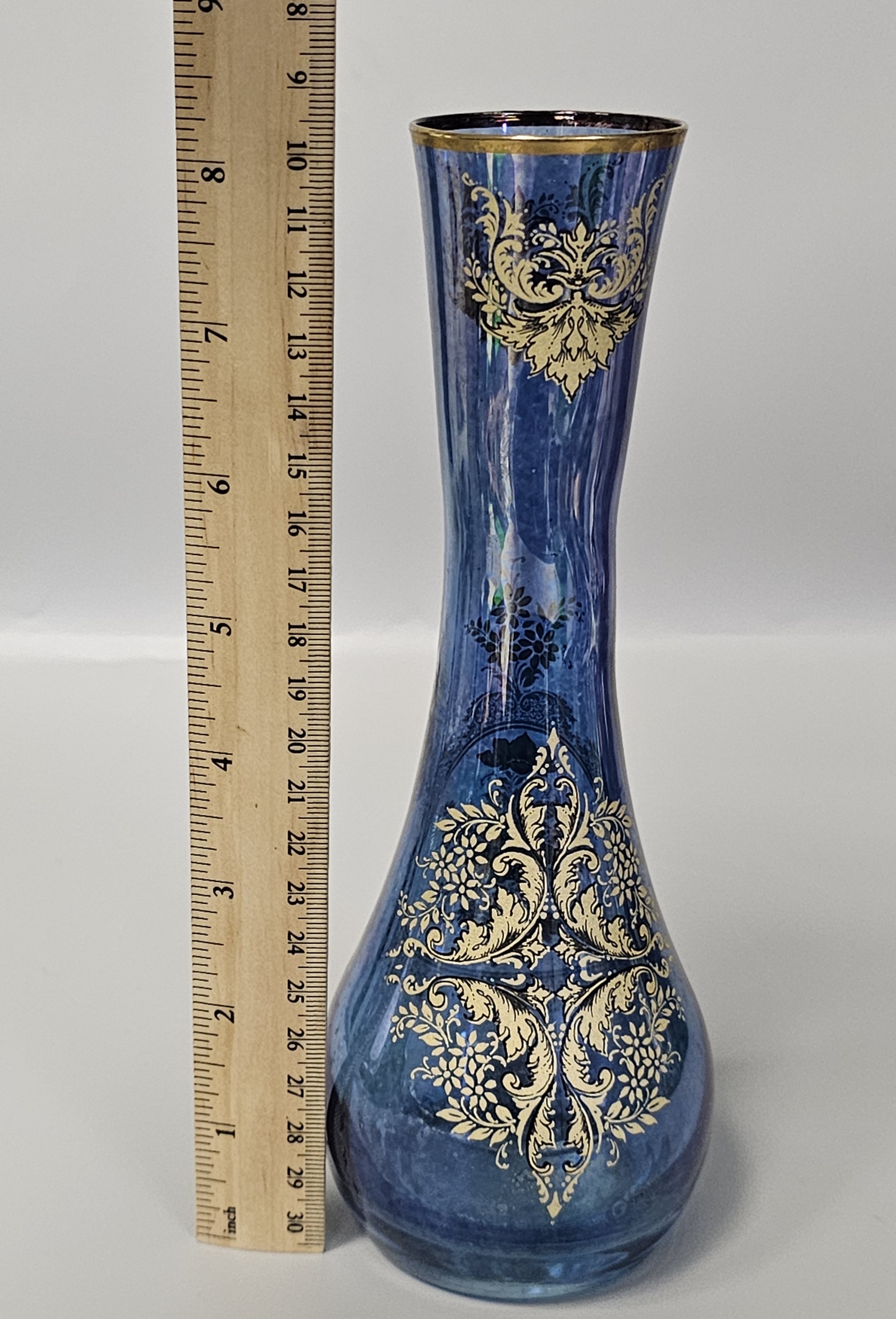 Italian Cobalt Blue Glass Gilt Floral Vase