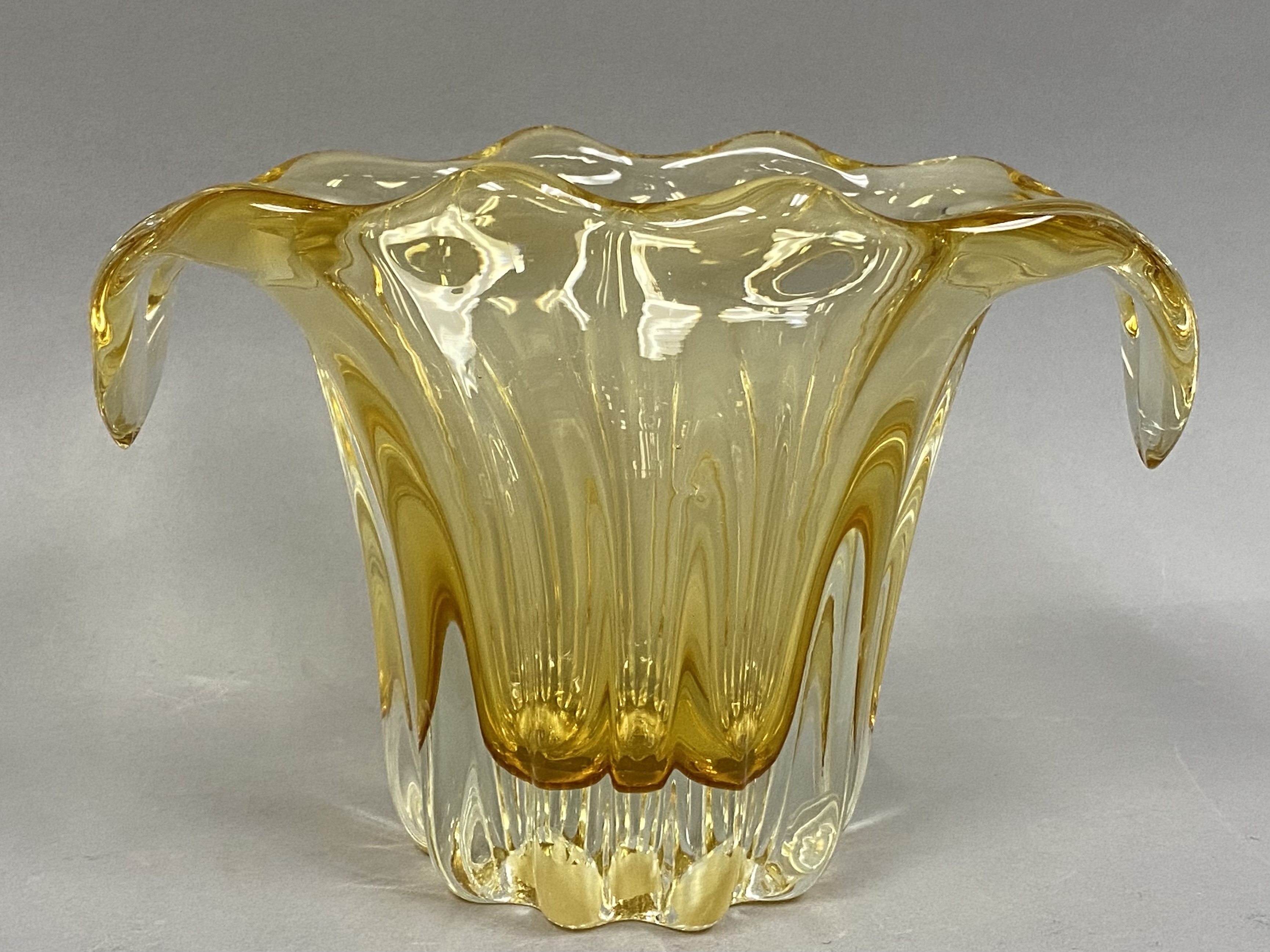 Amber and Clear Glass Vase with Curled Handles