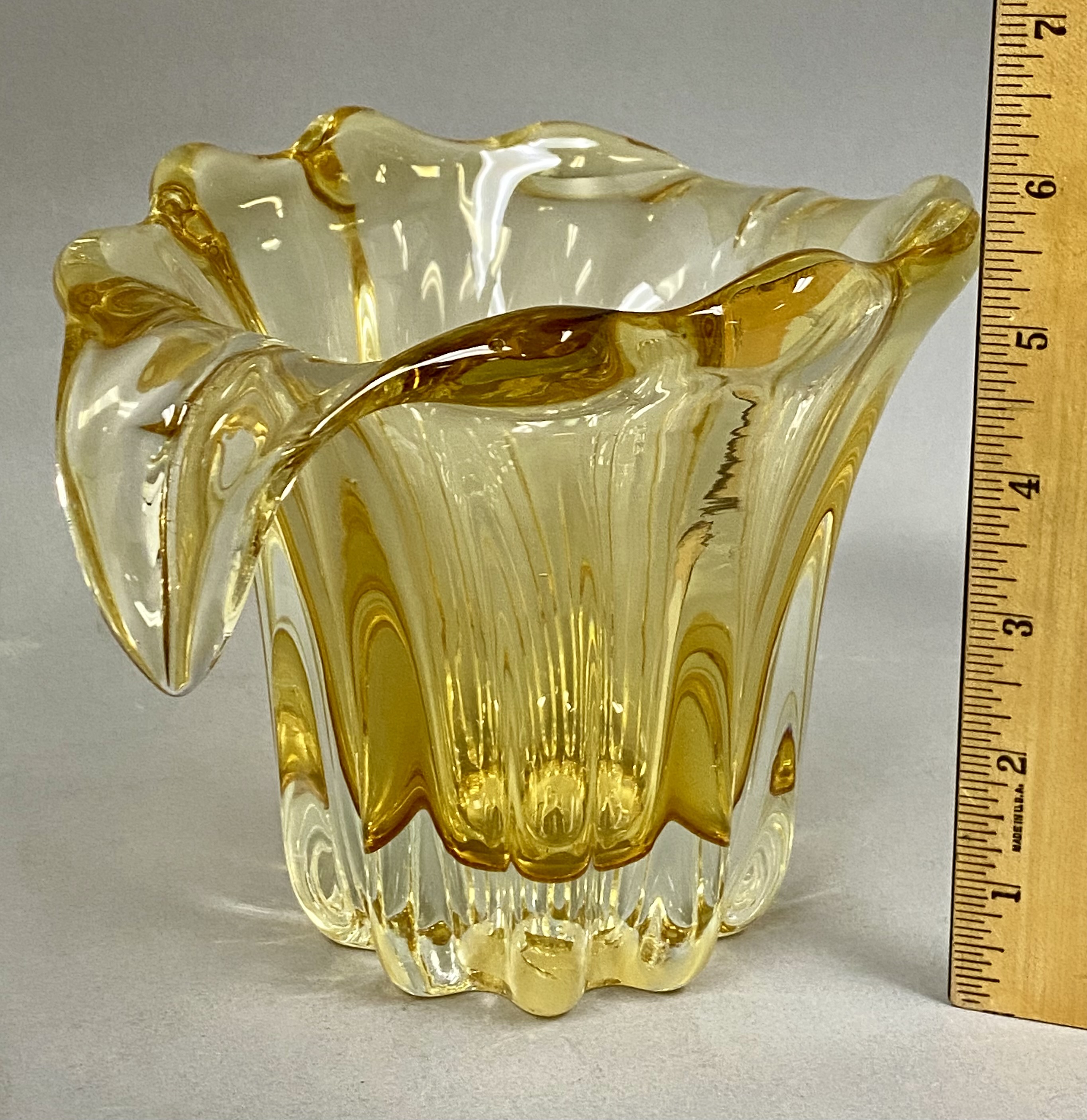 Amber and Clear Glass Vase with Curled Handles