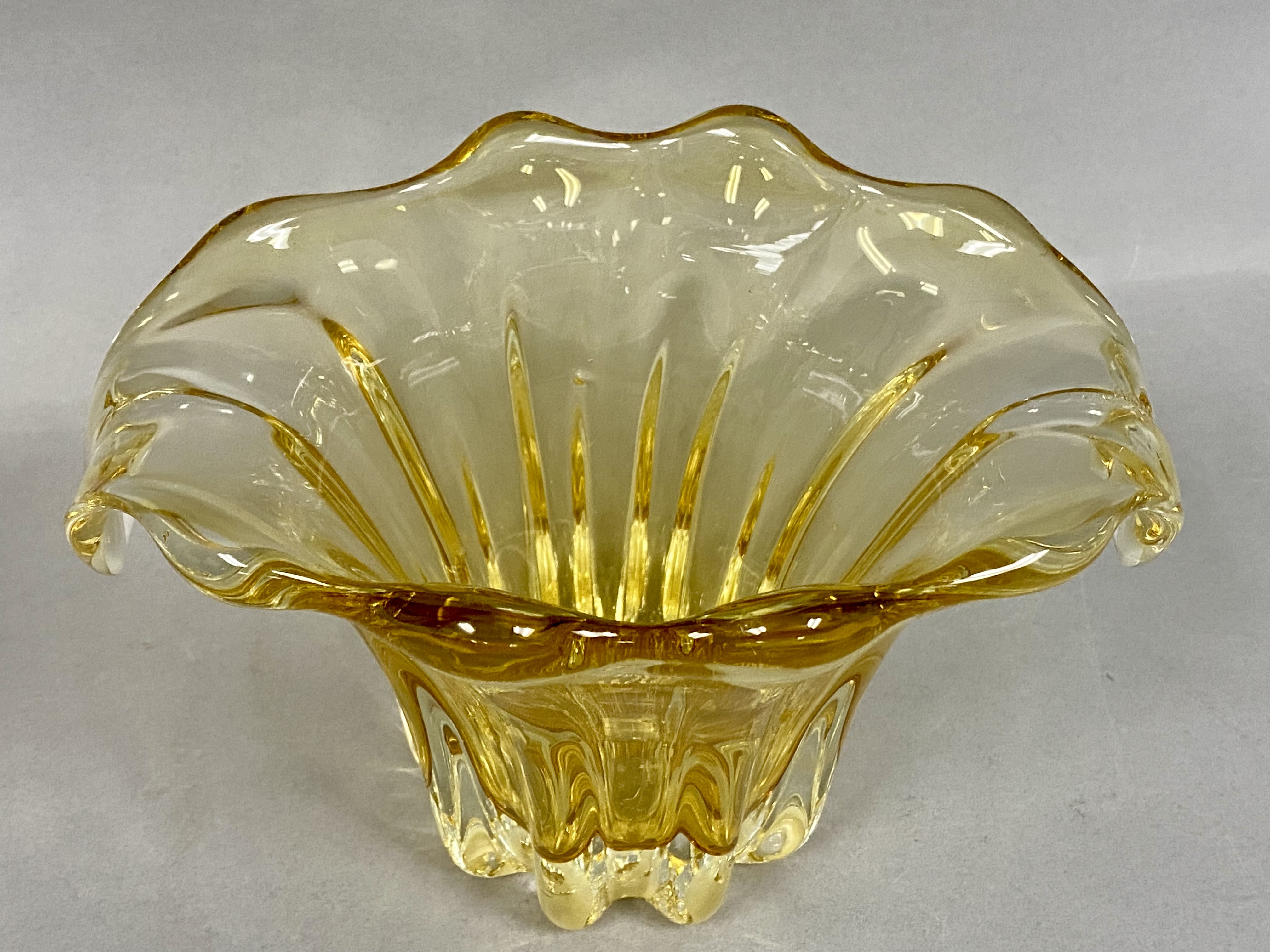 Amber and Clear Glass Vase with Curled Handles